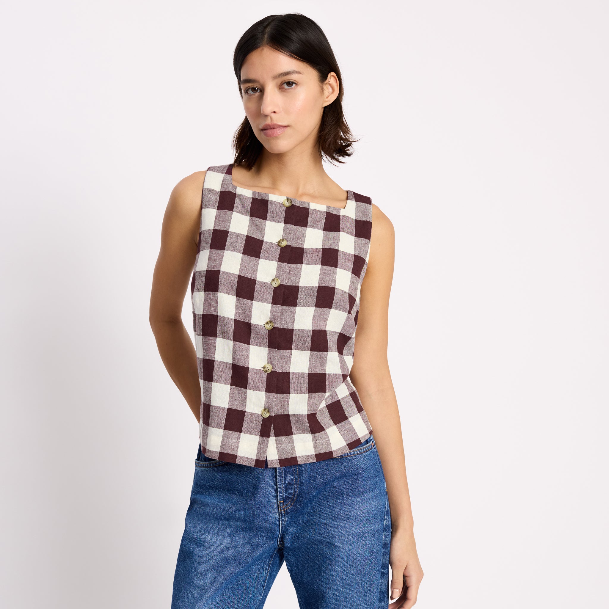 Burgundy Gingham Button Top