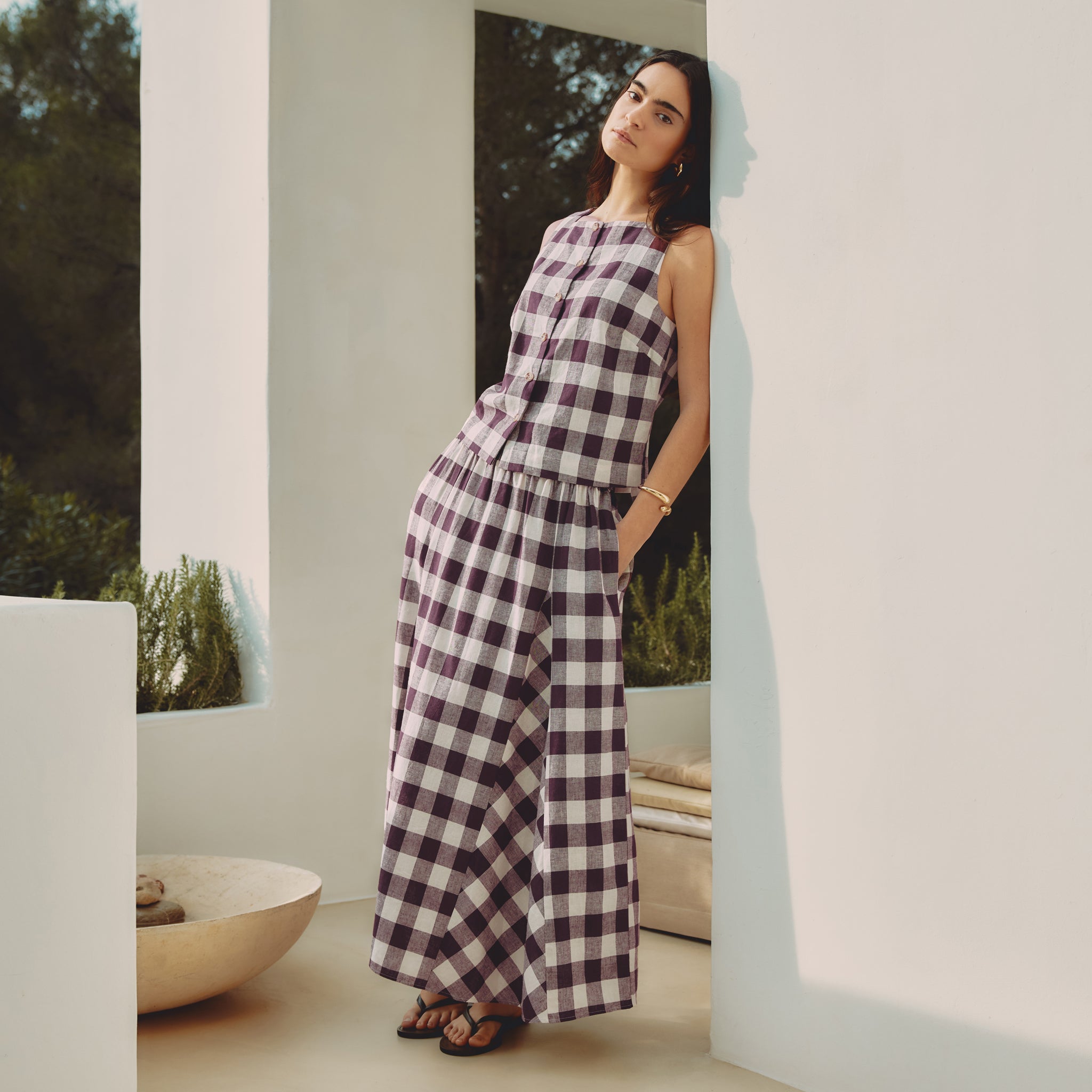 Burgundy Gingham Button Top