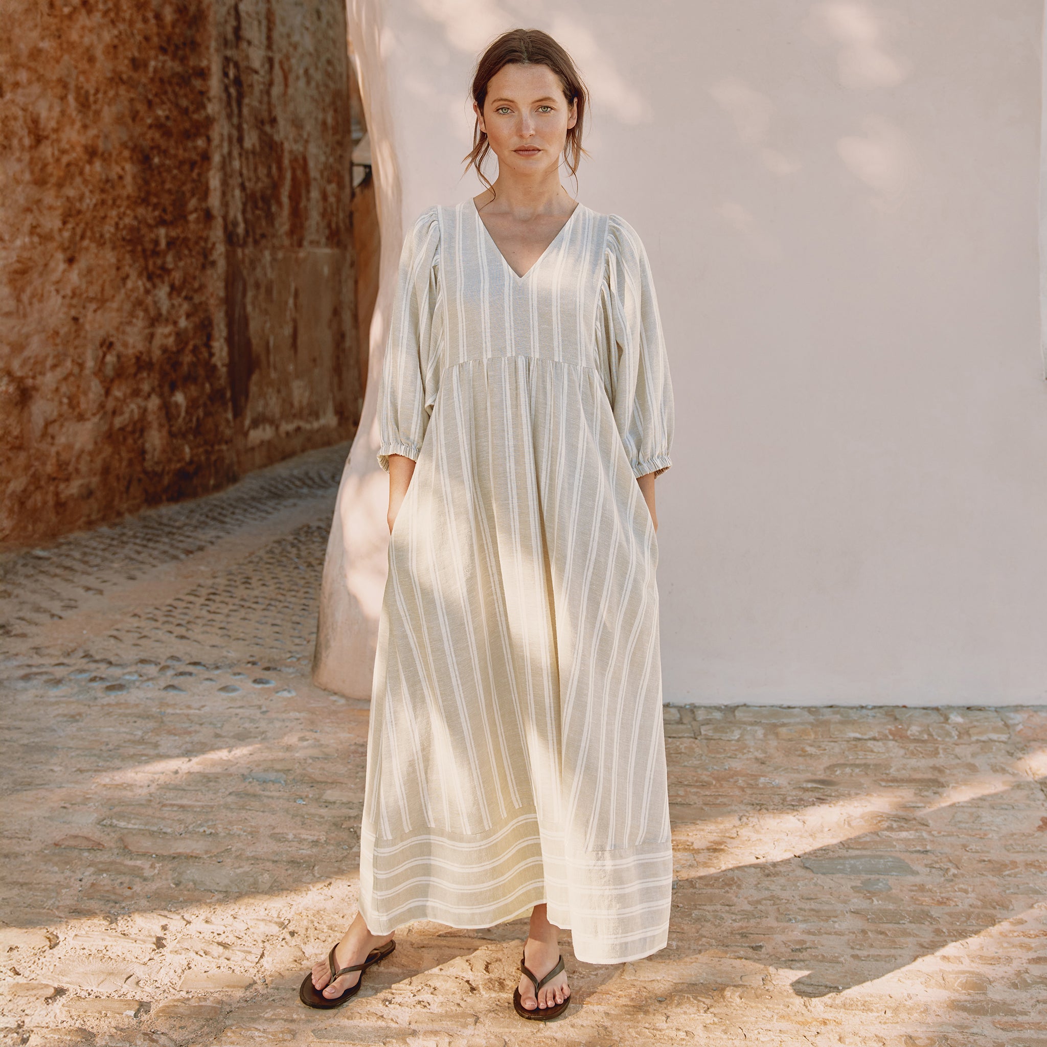 Linen Stripe V Neck Dress