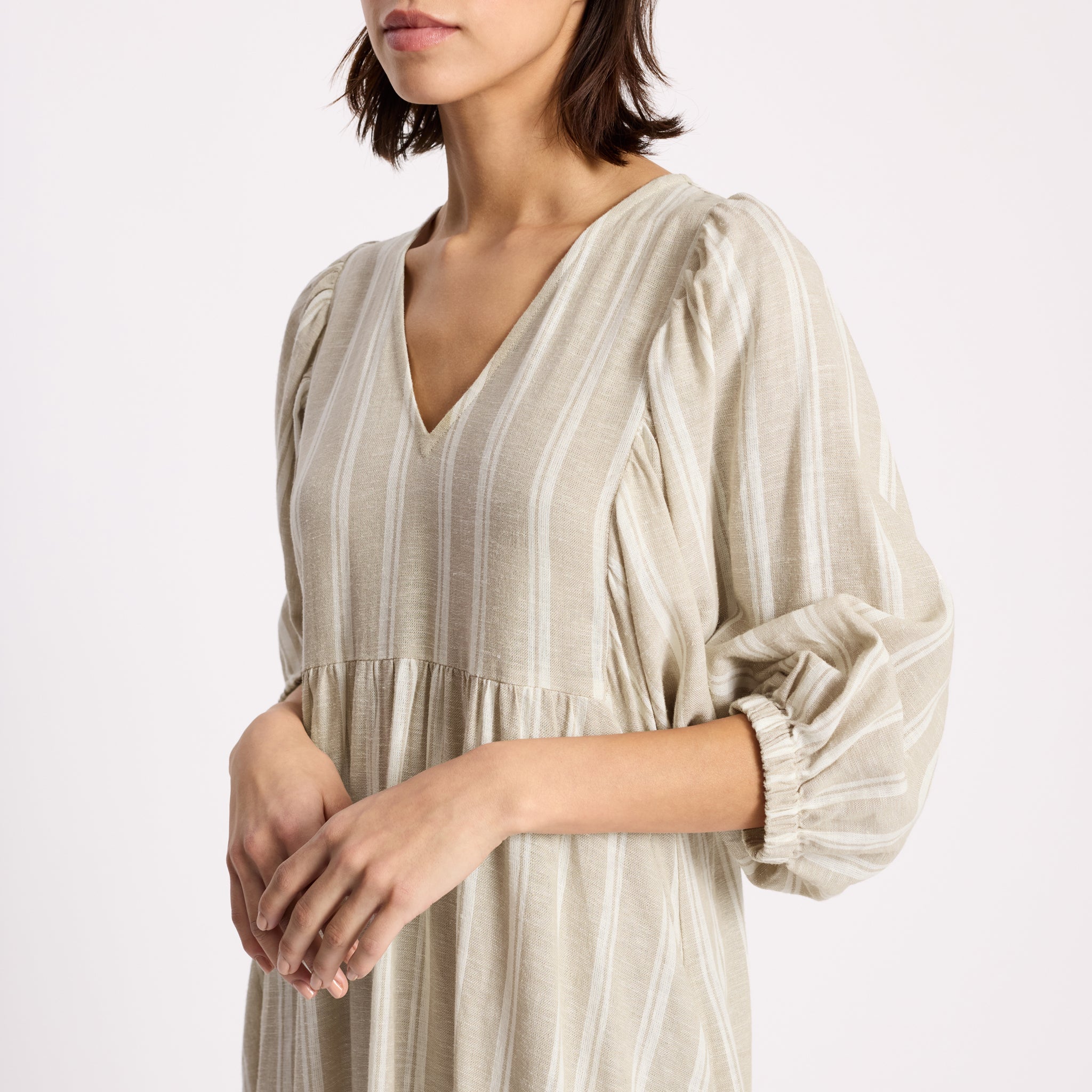 Linen Stripe V Neck Dress