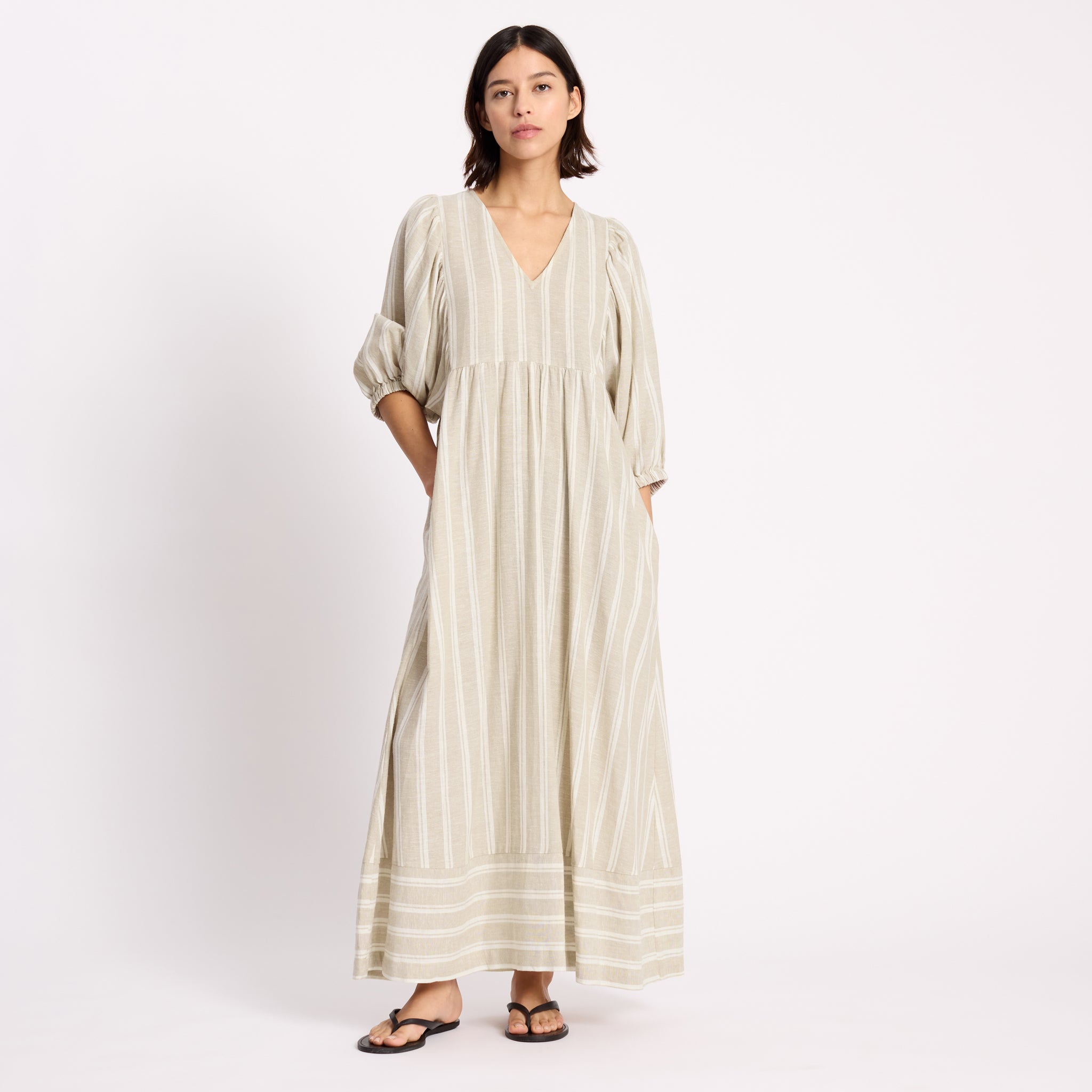 Linen Stripe V Neck Dress