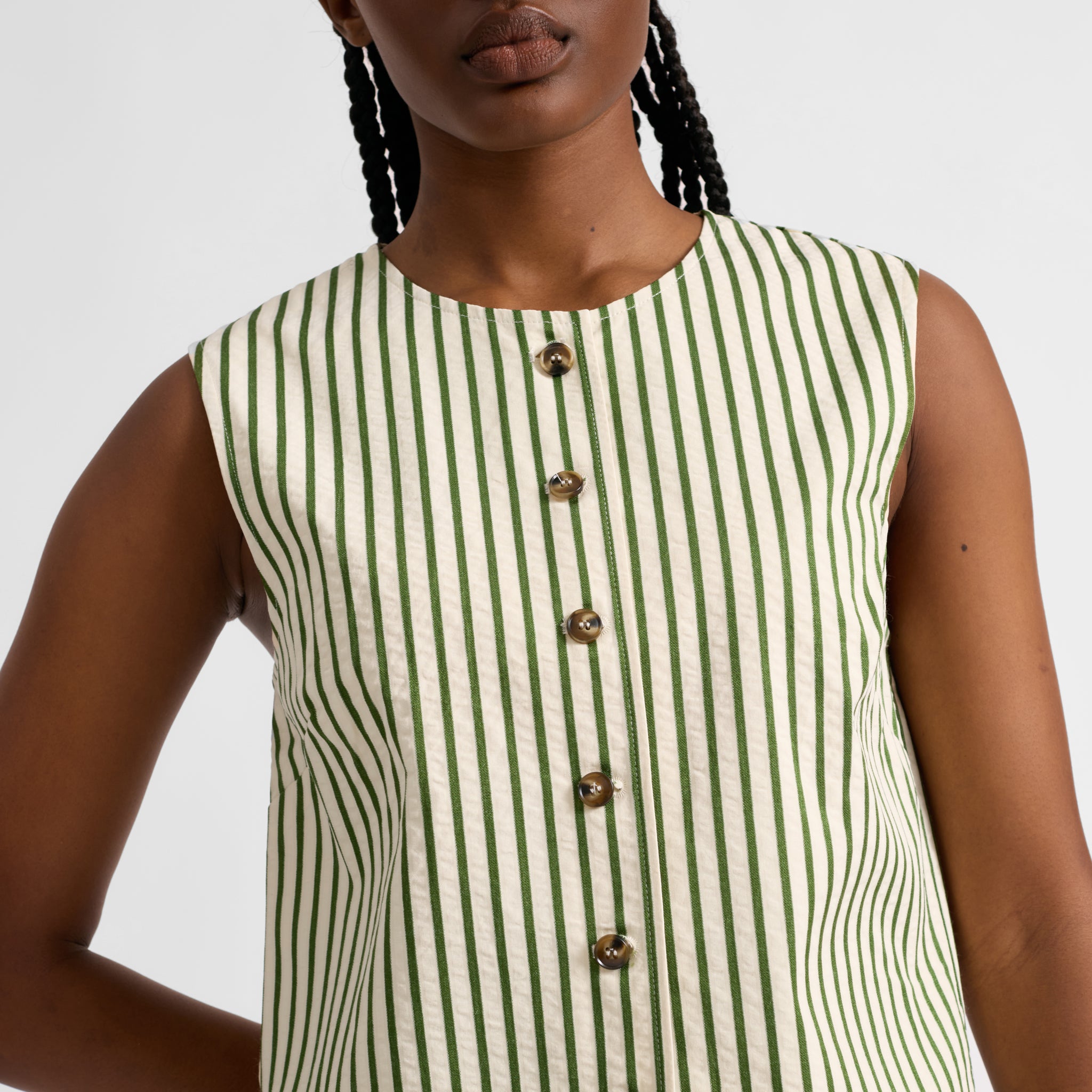 Green Stripe Button Shell Top