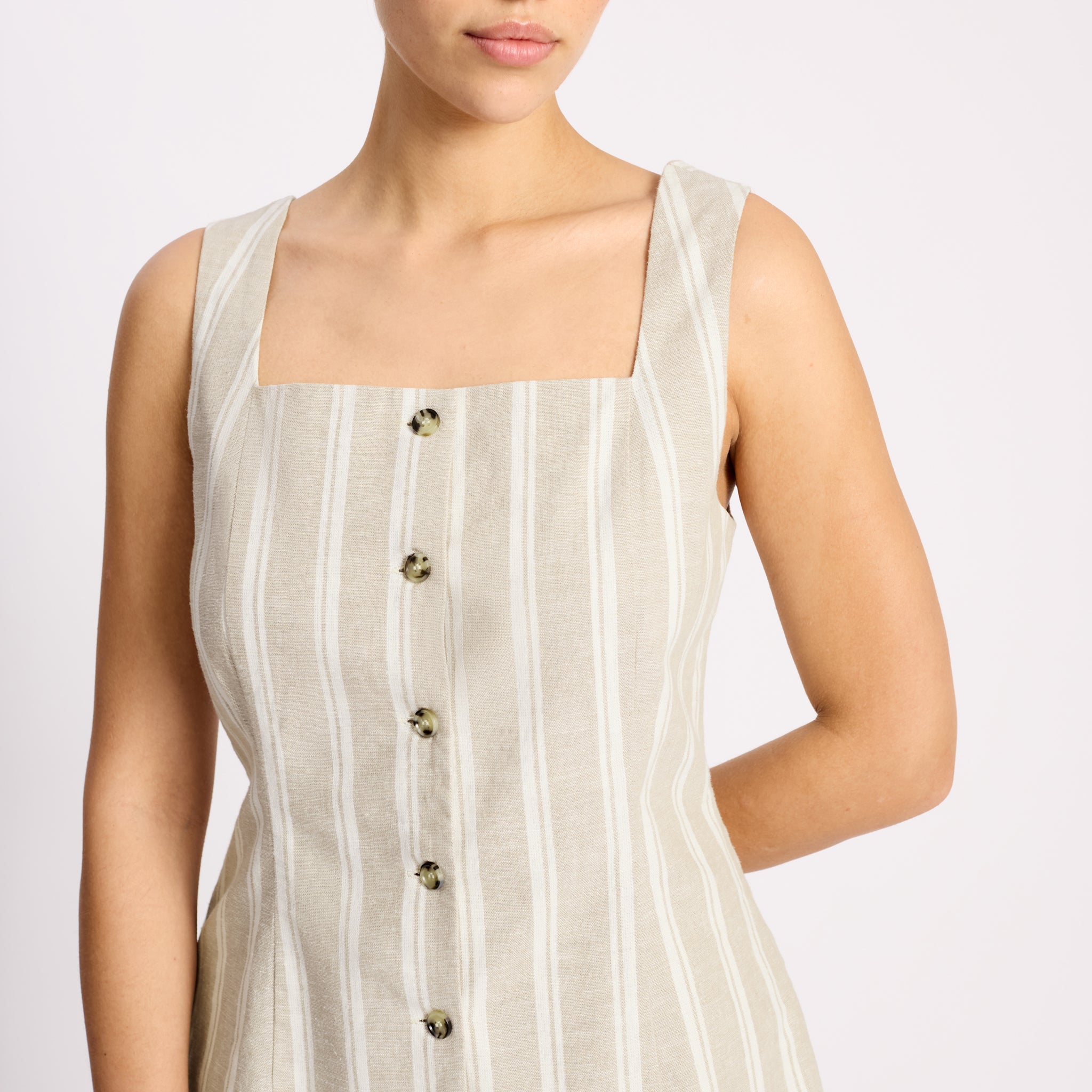 Linen Stripe Square Neck Button Top