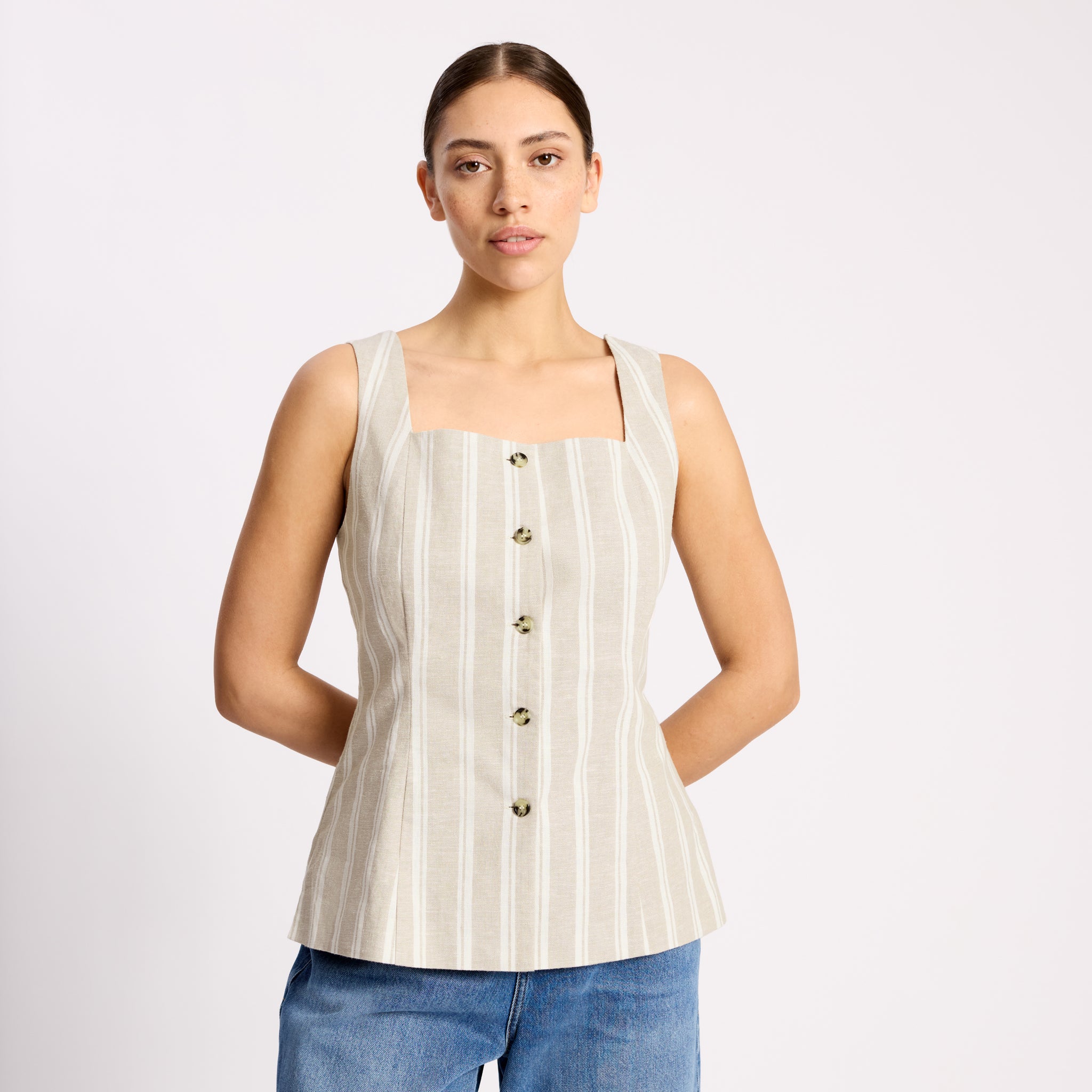 Linen Stripe Square Neck Button Top