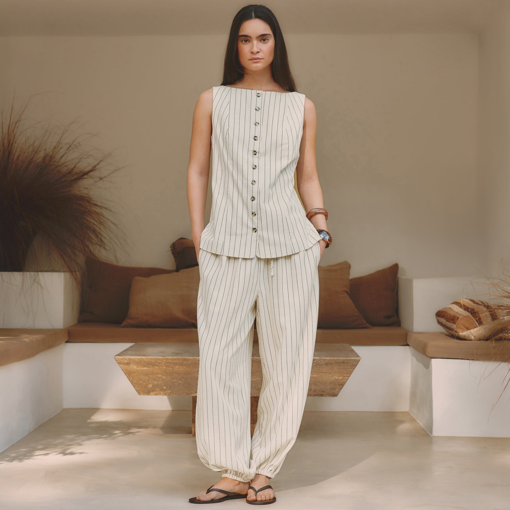 Linen Blend Pinstripe Balloon Trousers