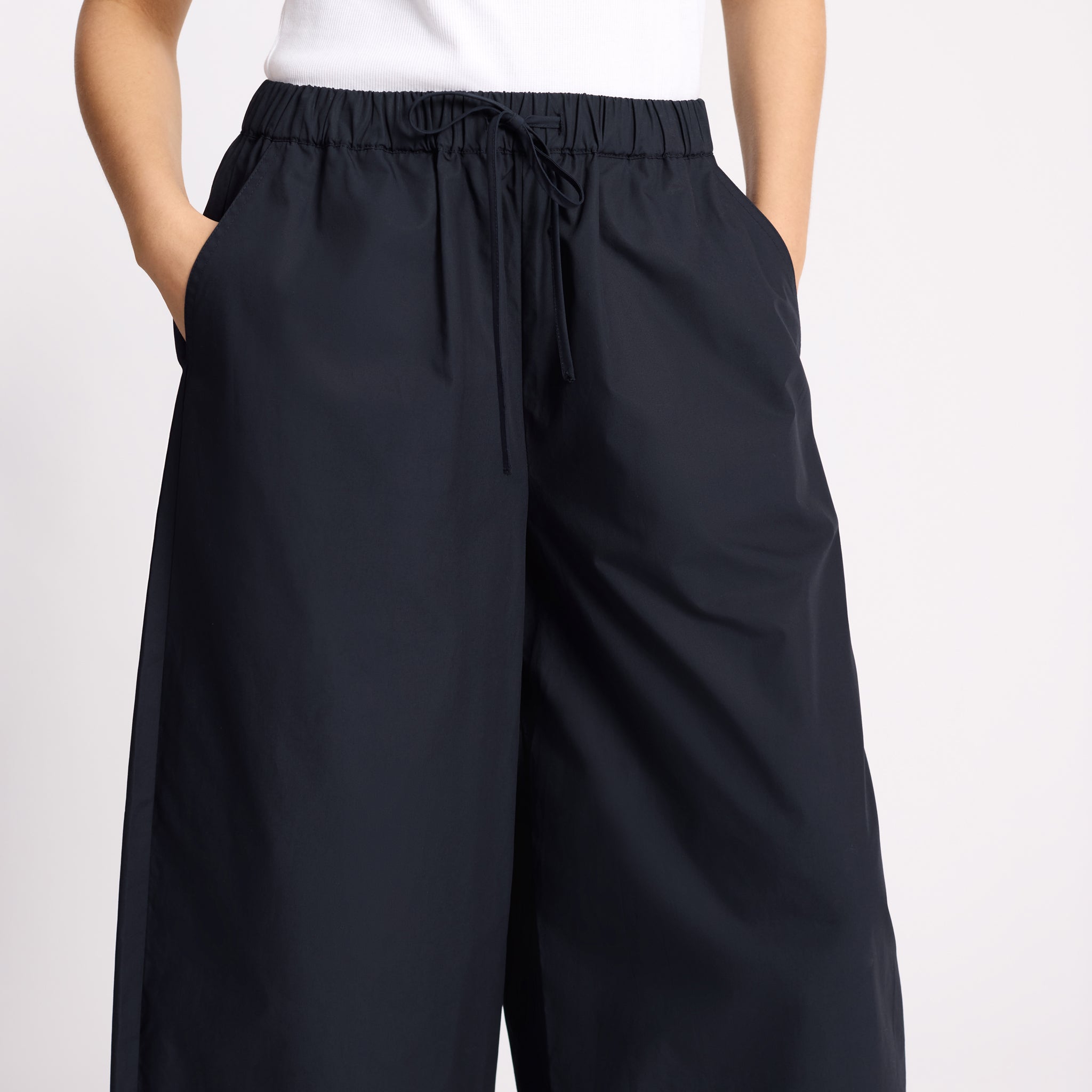 Navy Cotton Drawstring Barrel Leg Trouser