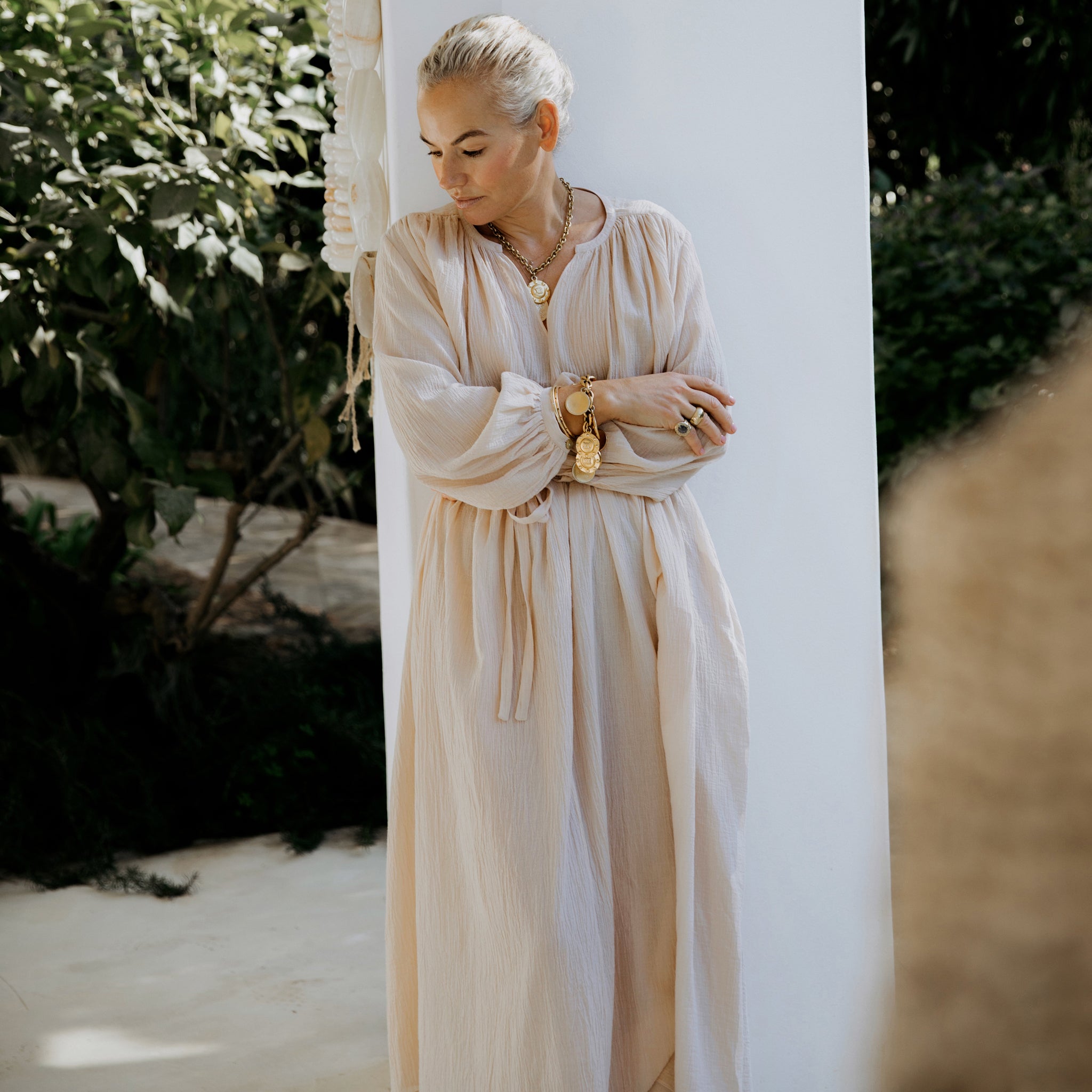 Cream Crinkle Cotton Maxi Kaftan