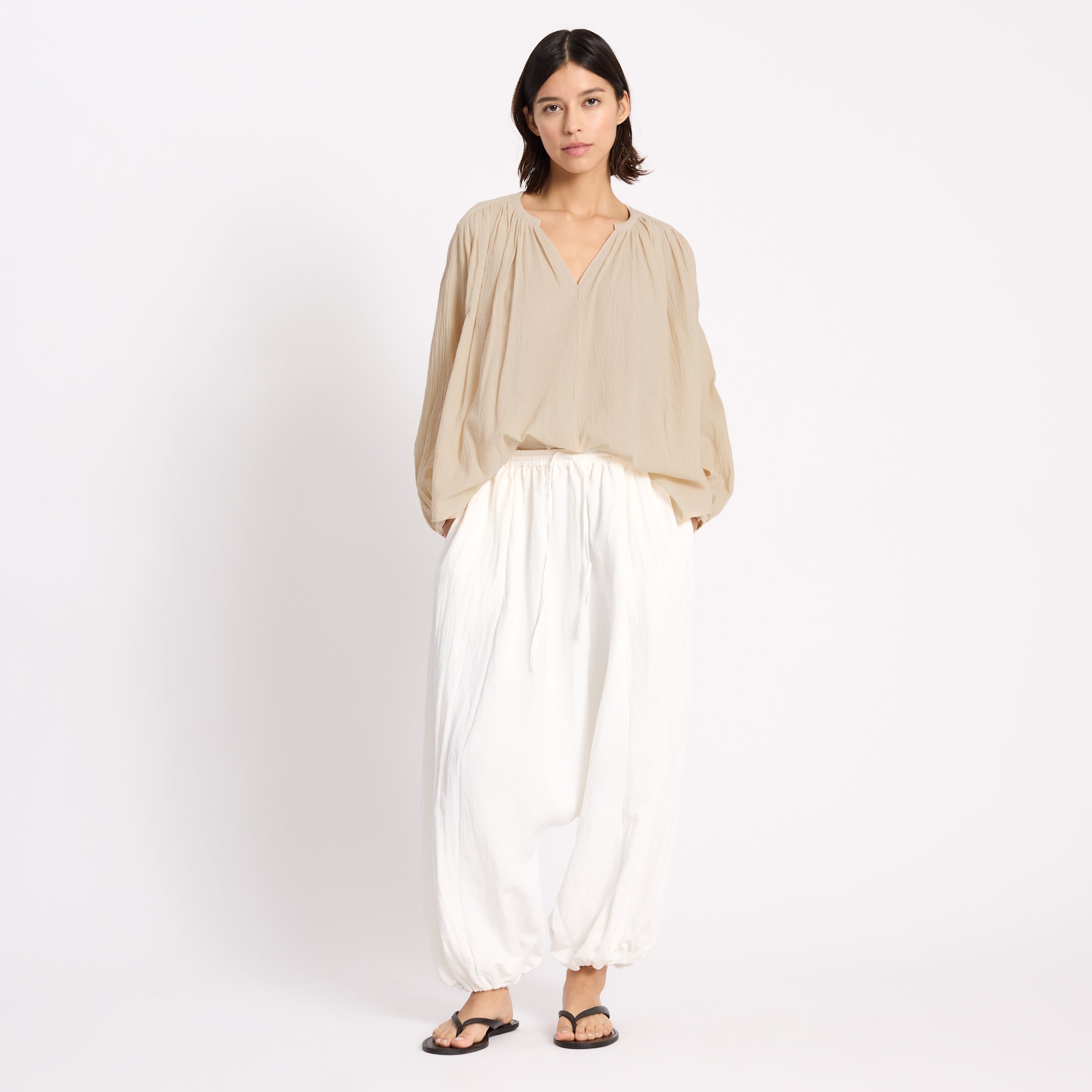 Cream Crinkle Cotton Kaftan Top