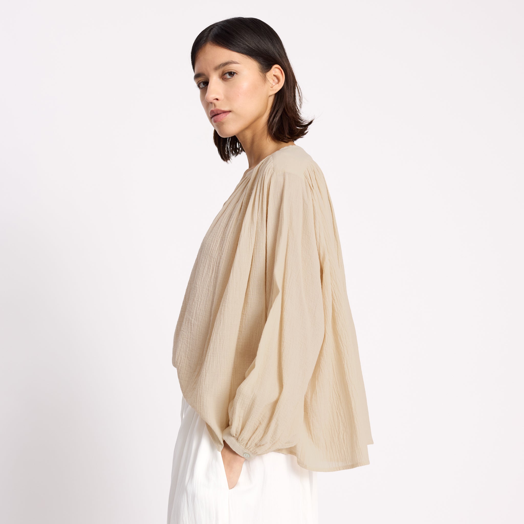 Cream Crinkle Cotton Kaftan Top