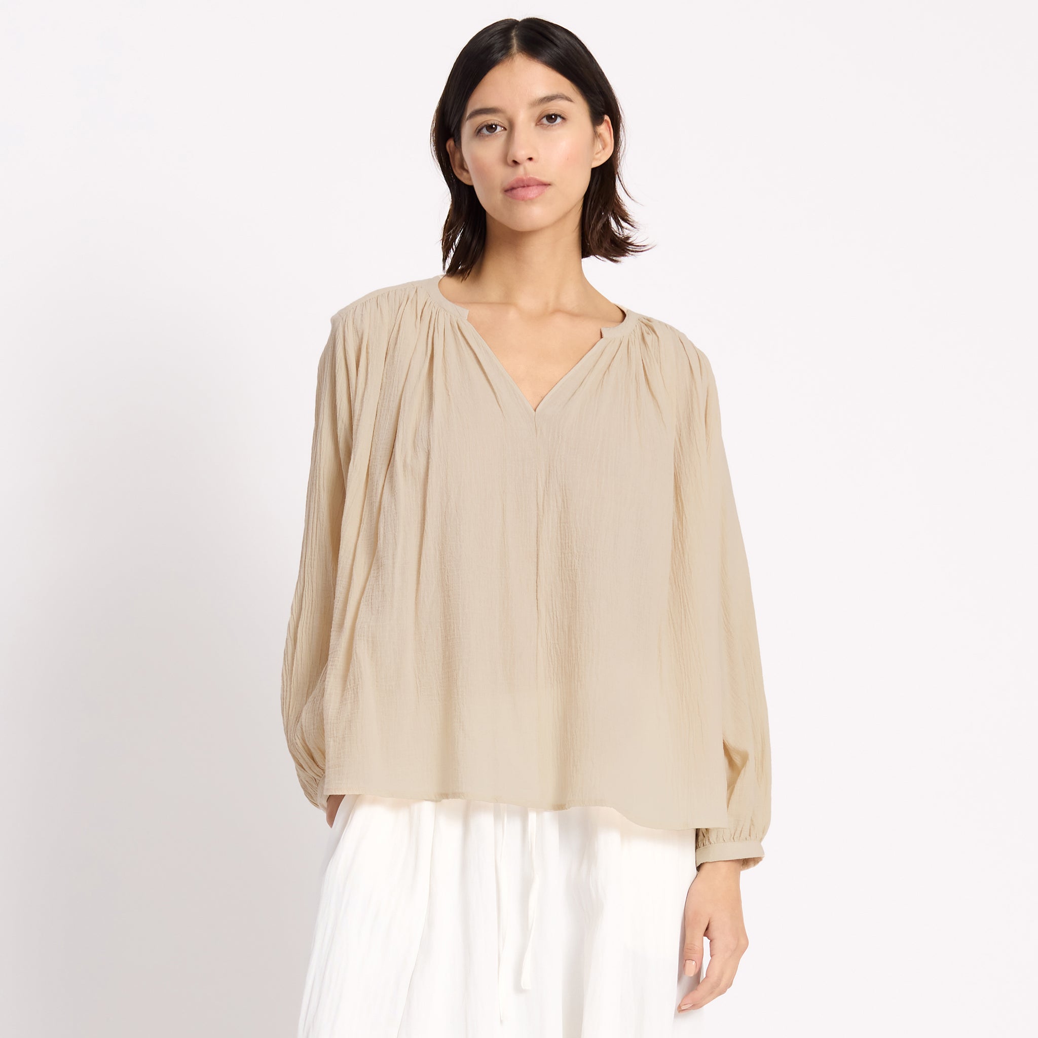 Cream Crinkle Cotton Kaftan Top