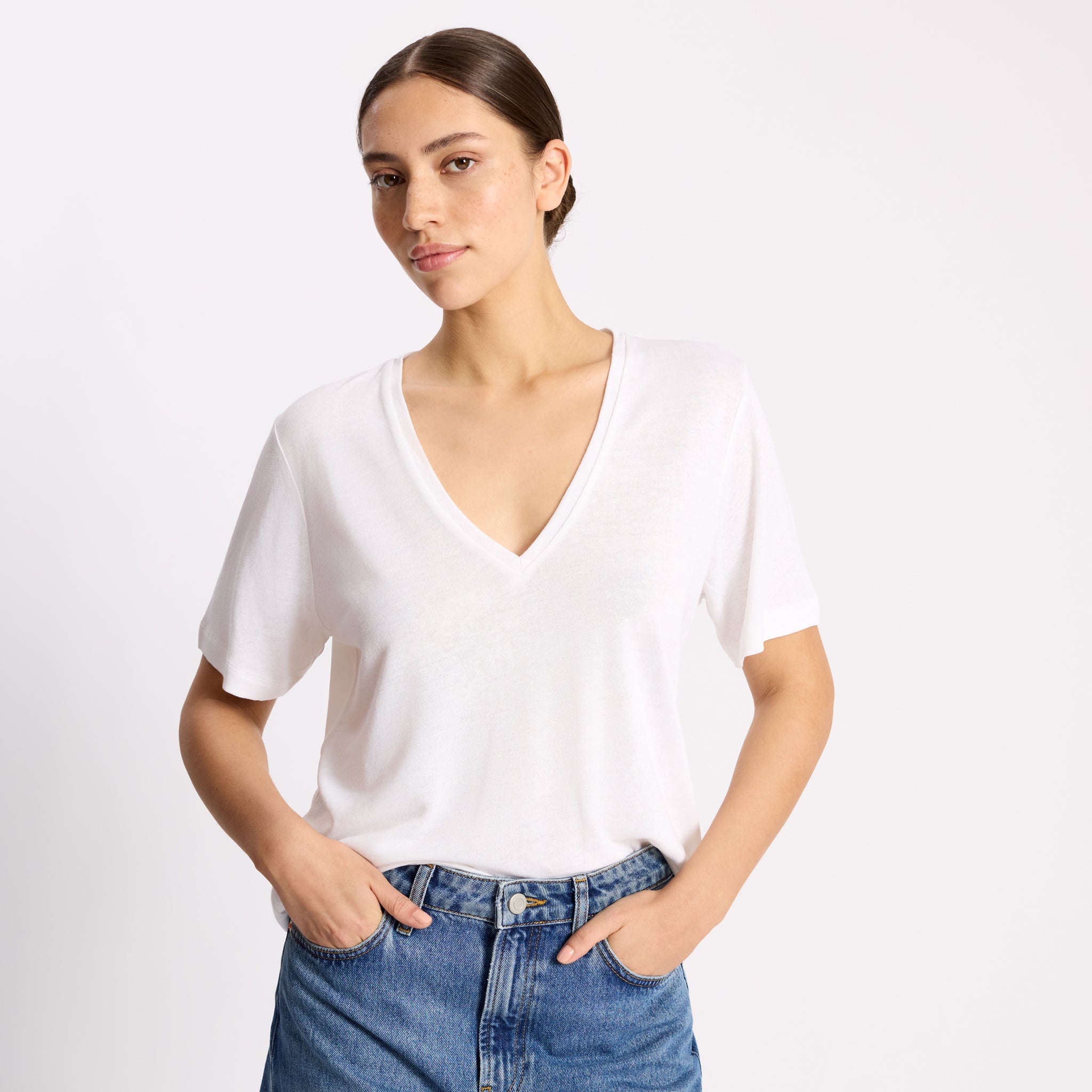 White Linen V Neck T Shirt