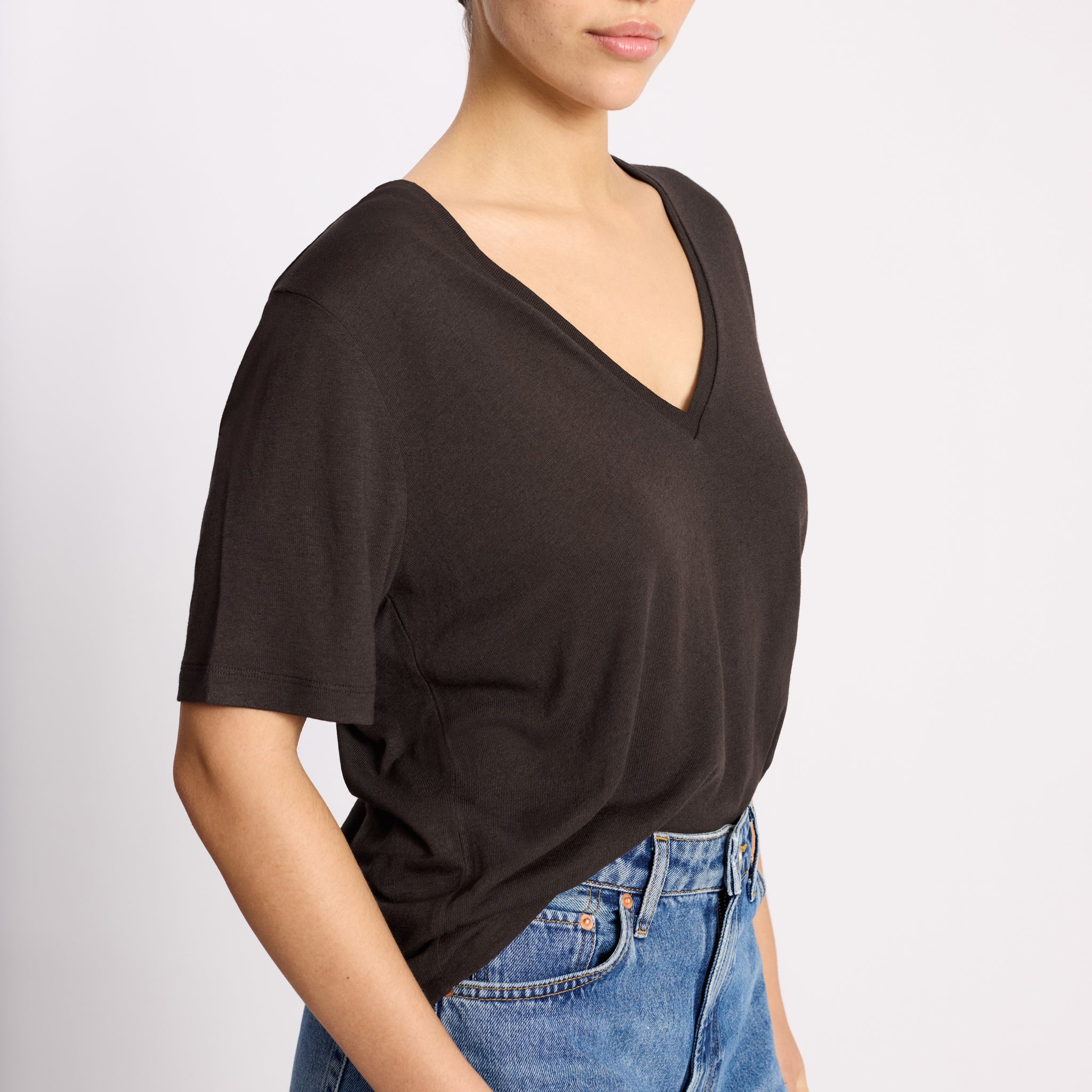 Chocolate Linen V Neck T Shirt