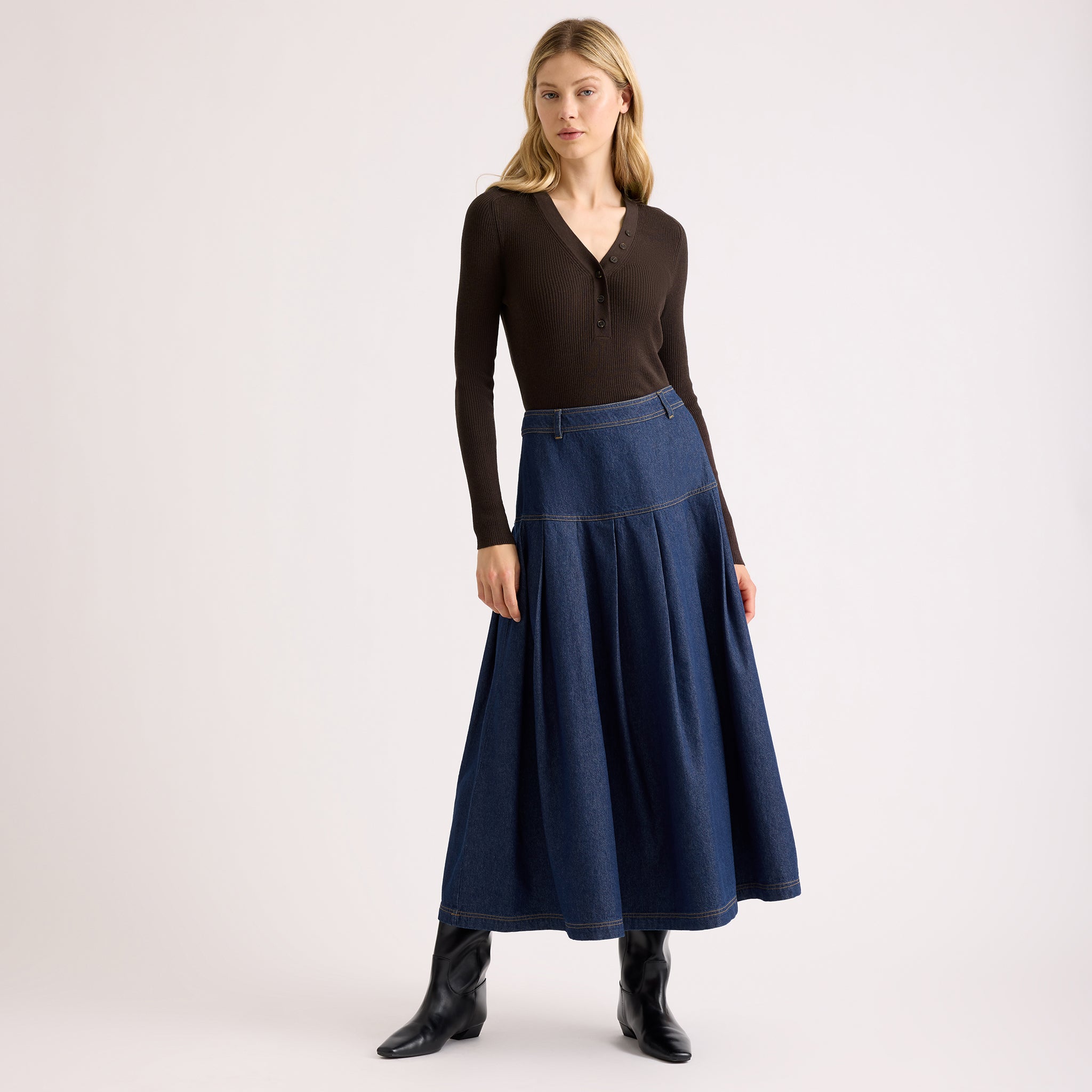 Denim Drop Waist Pleat Skirt