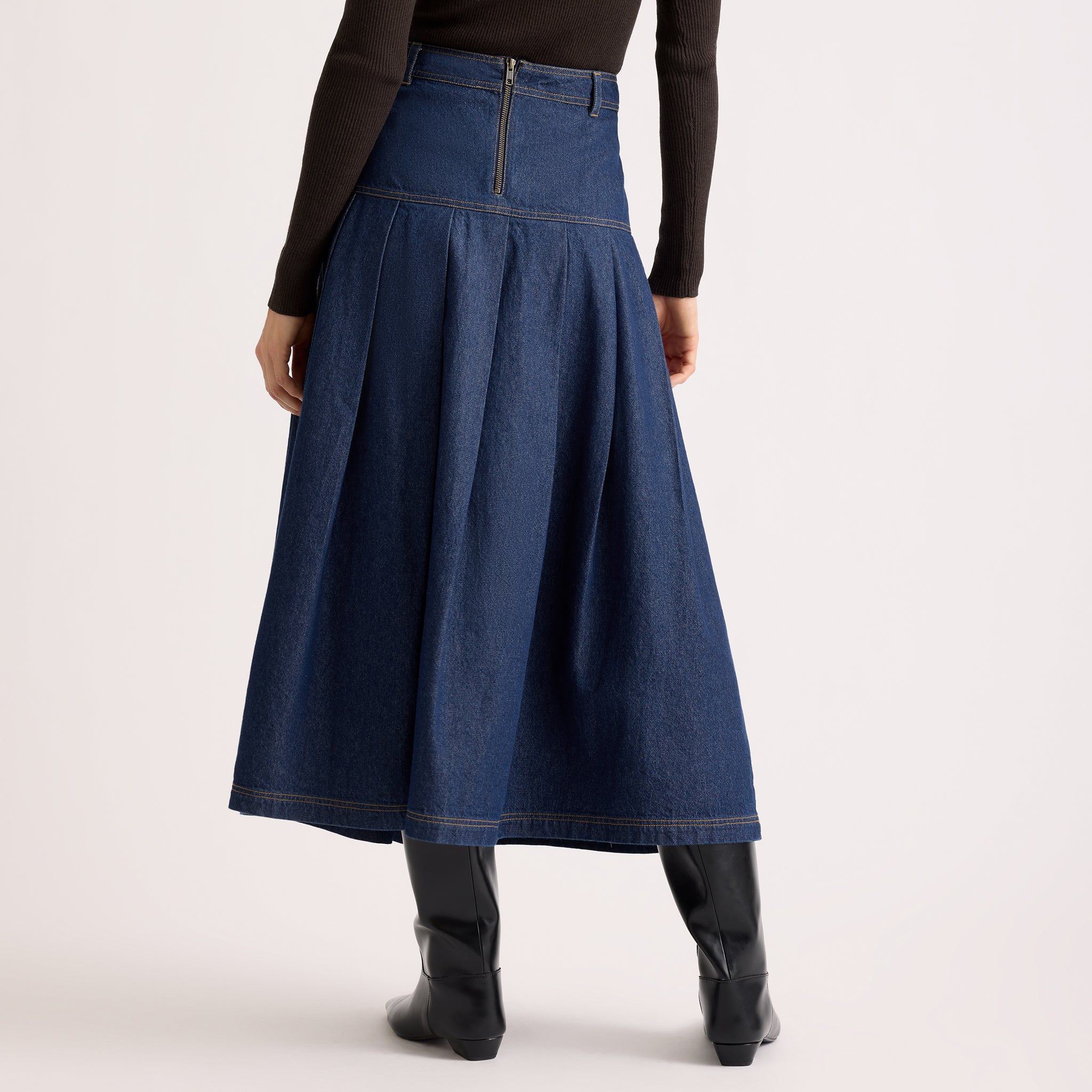 Denim Drop Waist Pleat Skirt