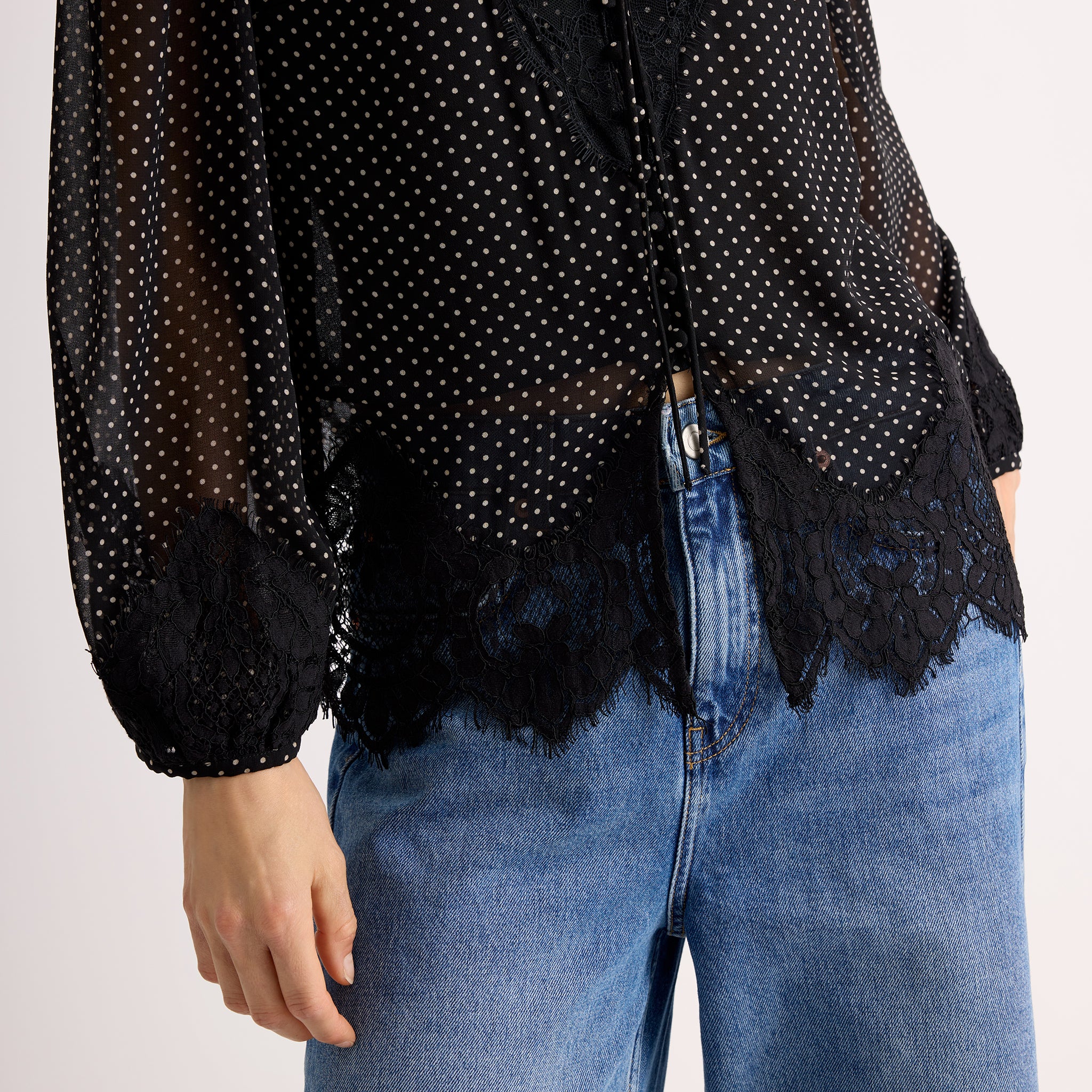 Lace Trim Chiffon Spot Blouse