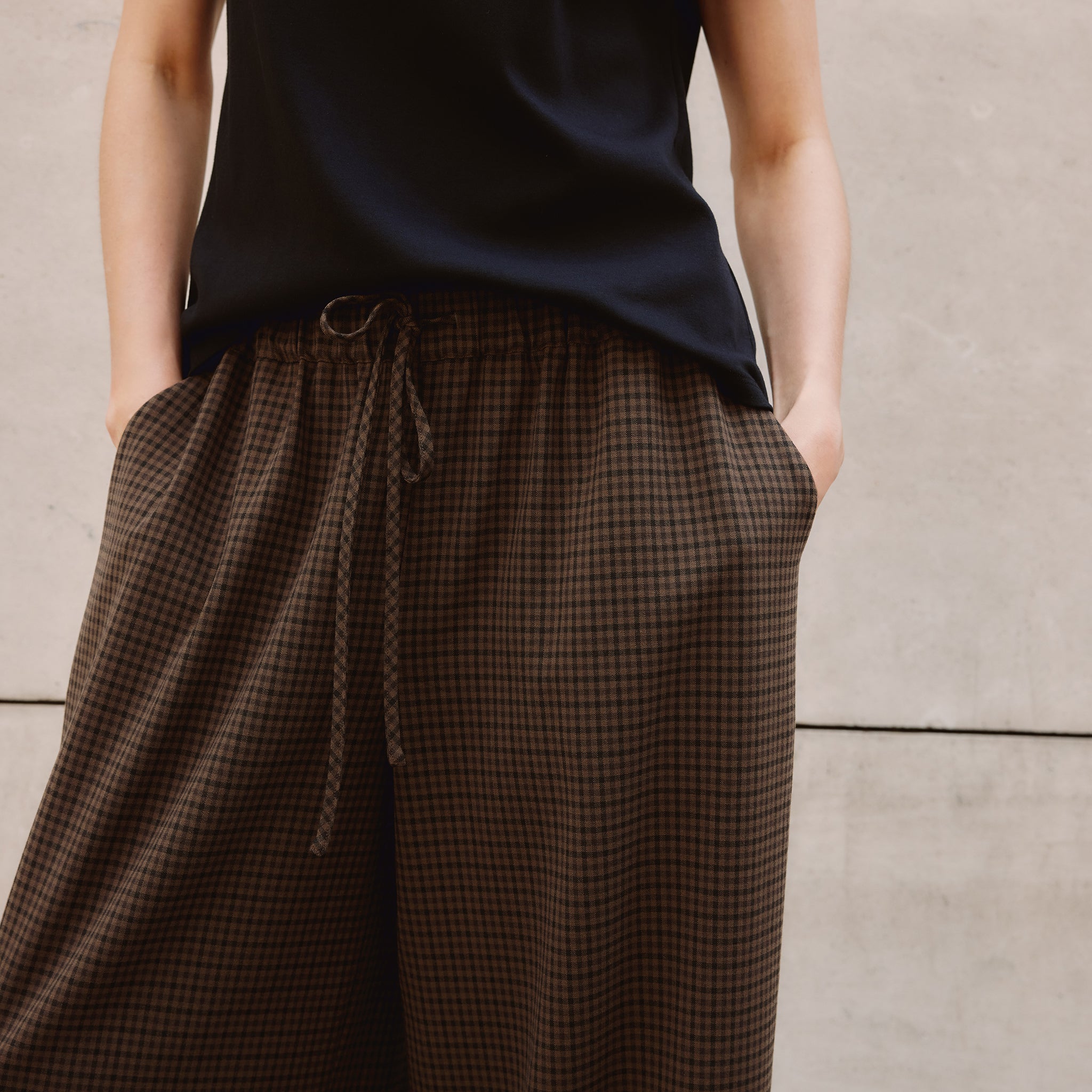 Chocolate Gingham Drawstring Barrel Trousers