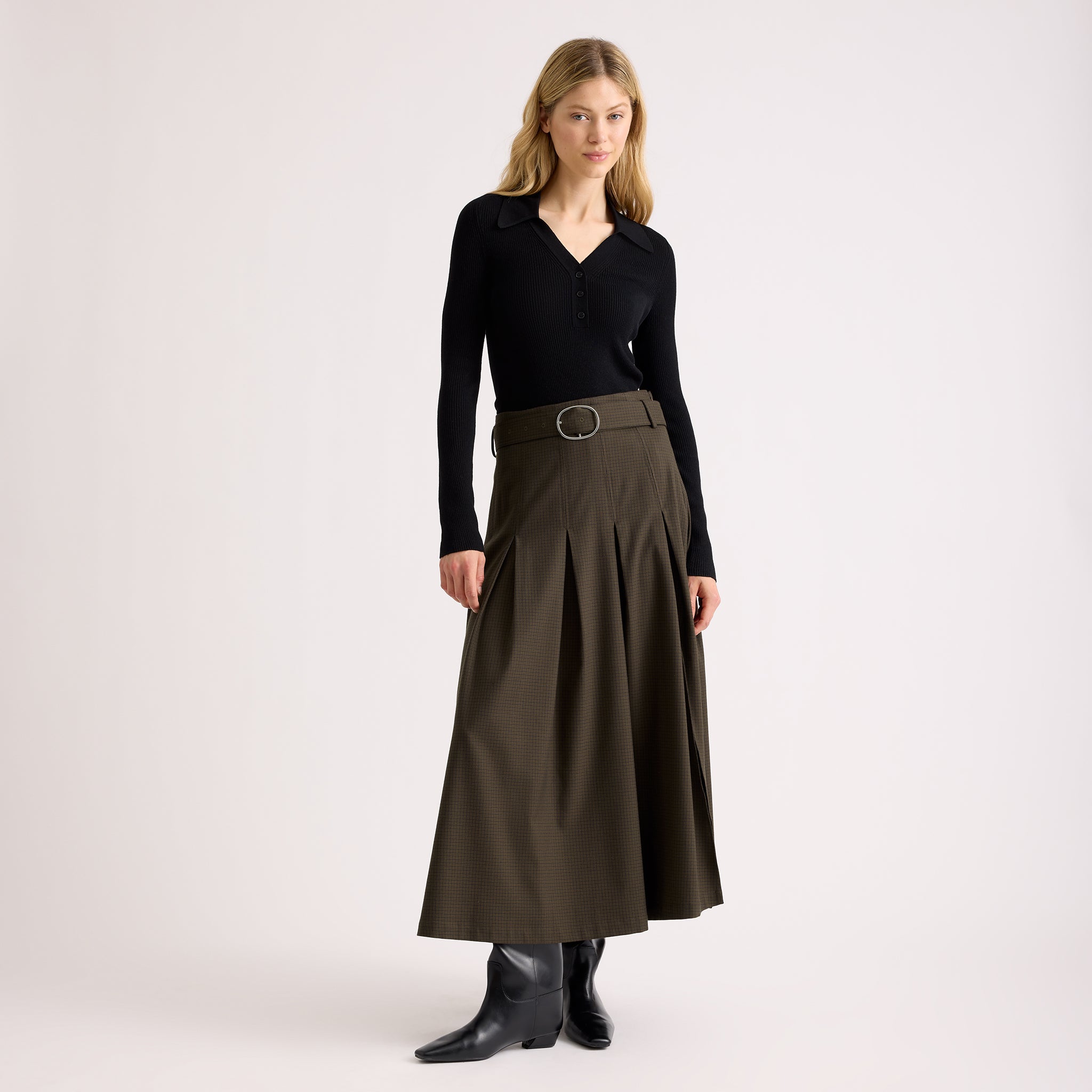 Chocolate Checked Belted Skirt