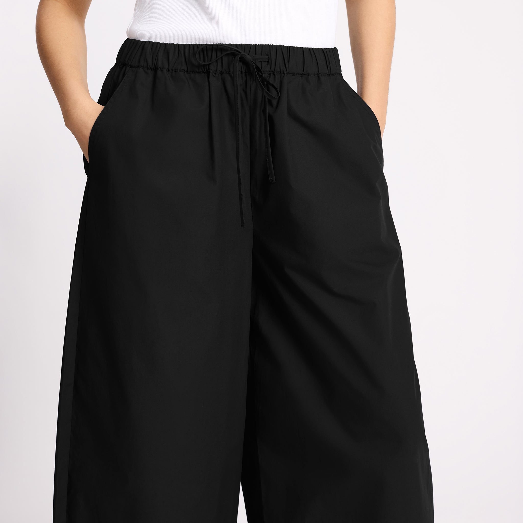 Black Cotton Drawstring Barrel Leg Trousers