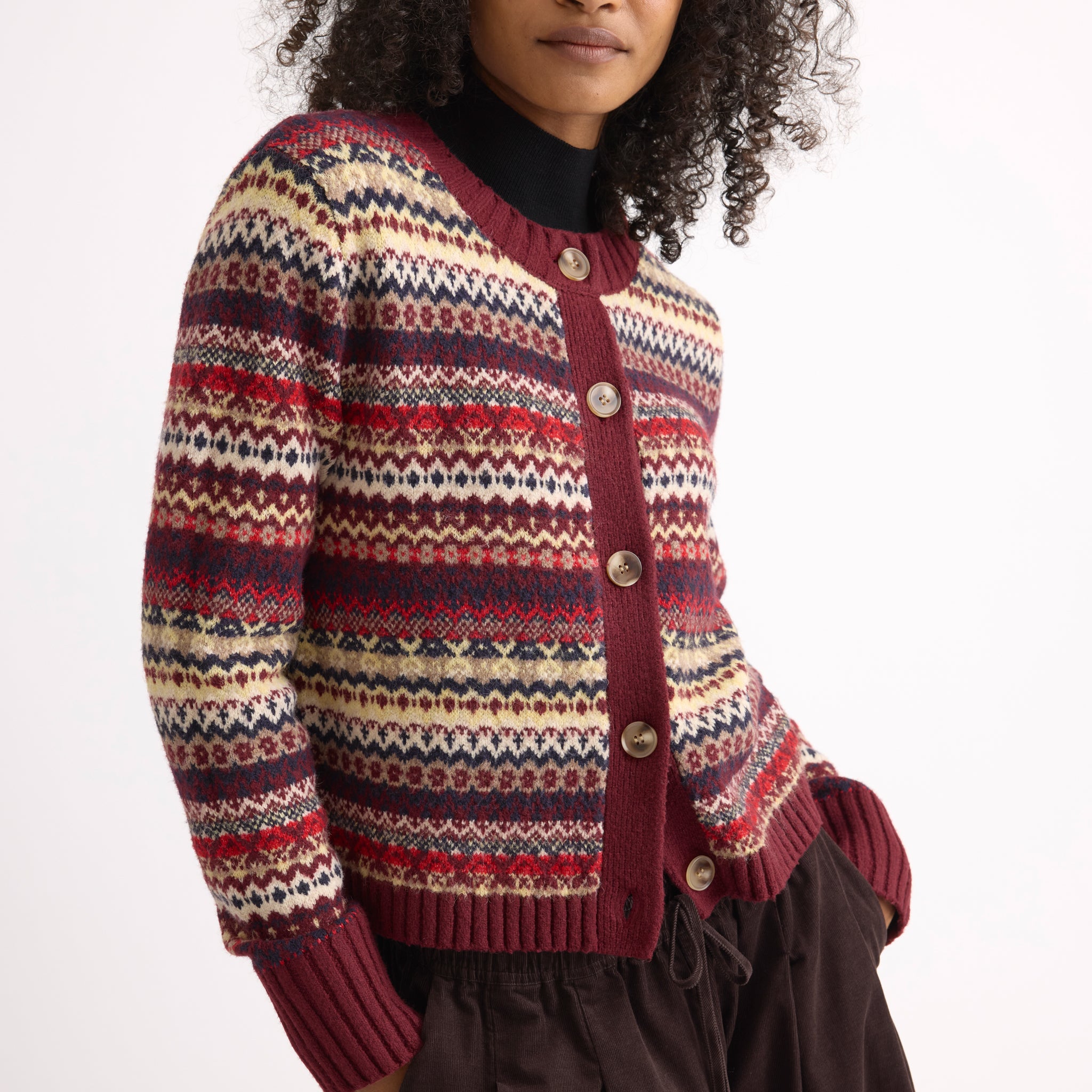 Burgundy Fair Isle Crew Cardigan