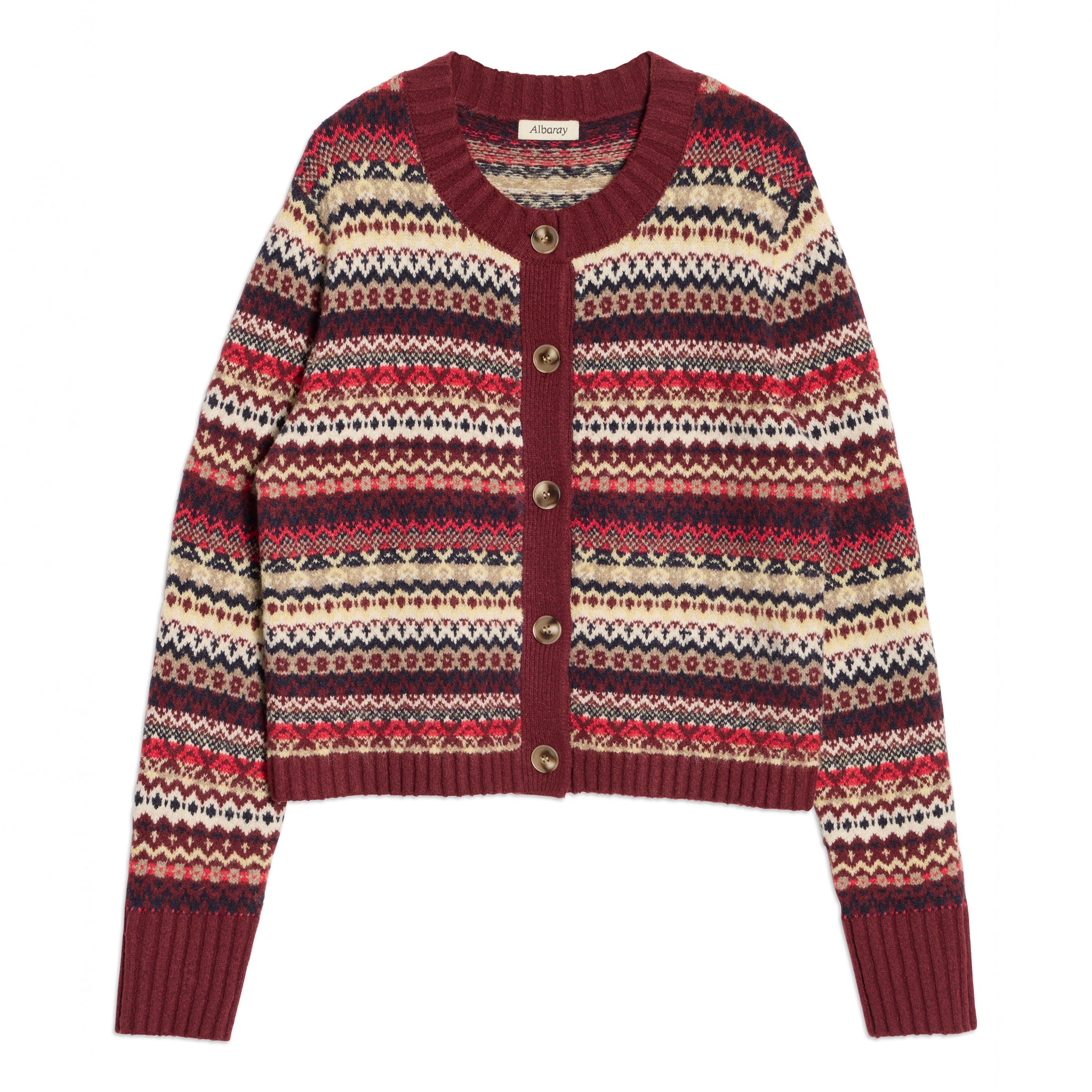 Burgundy Fair Isle Crew Cardigan