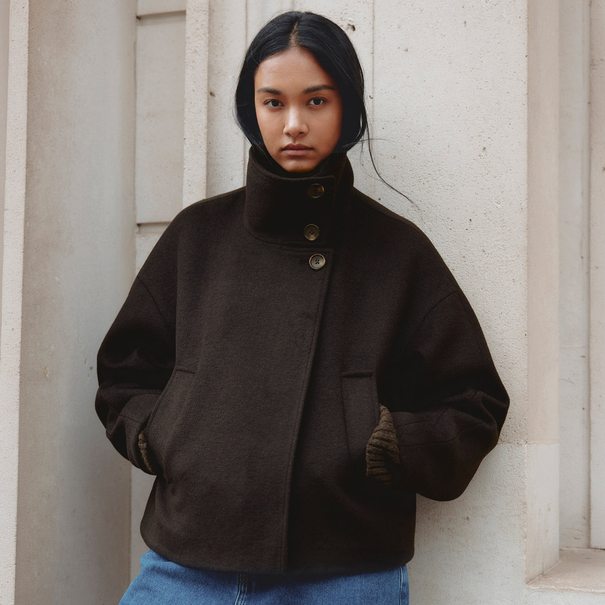 Wool Blend Chocolate Funnel Neck Jacket