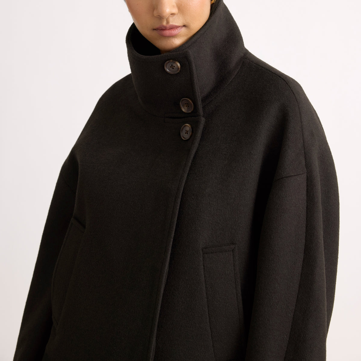 Wool Blend Chocolate Funnel Neck Jacket