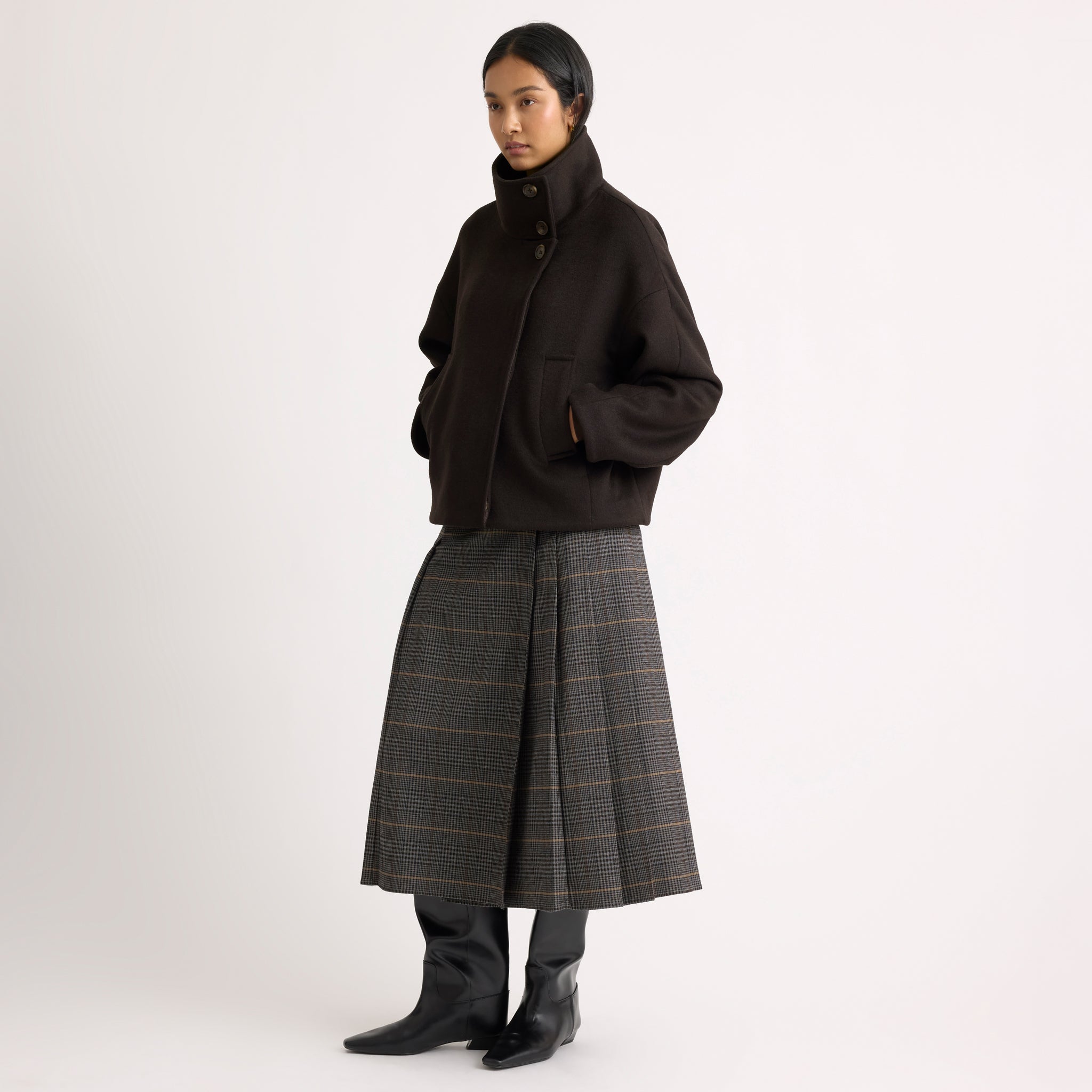 Wool Blend Chocolate Funnel Neck Jacket
