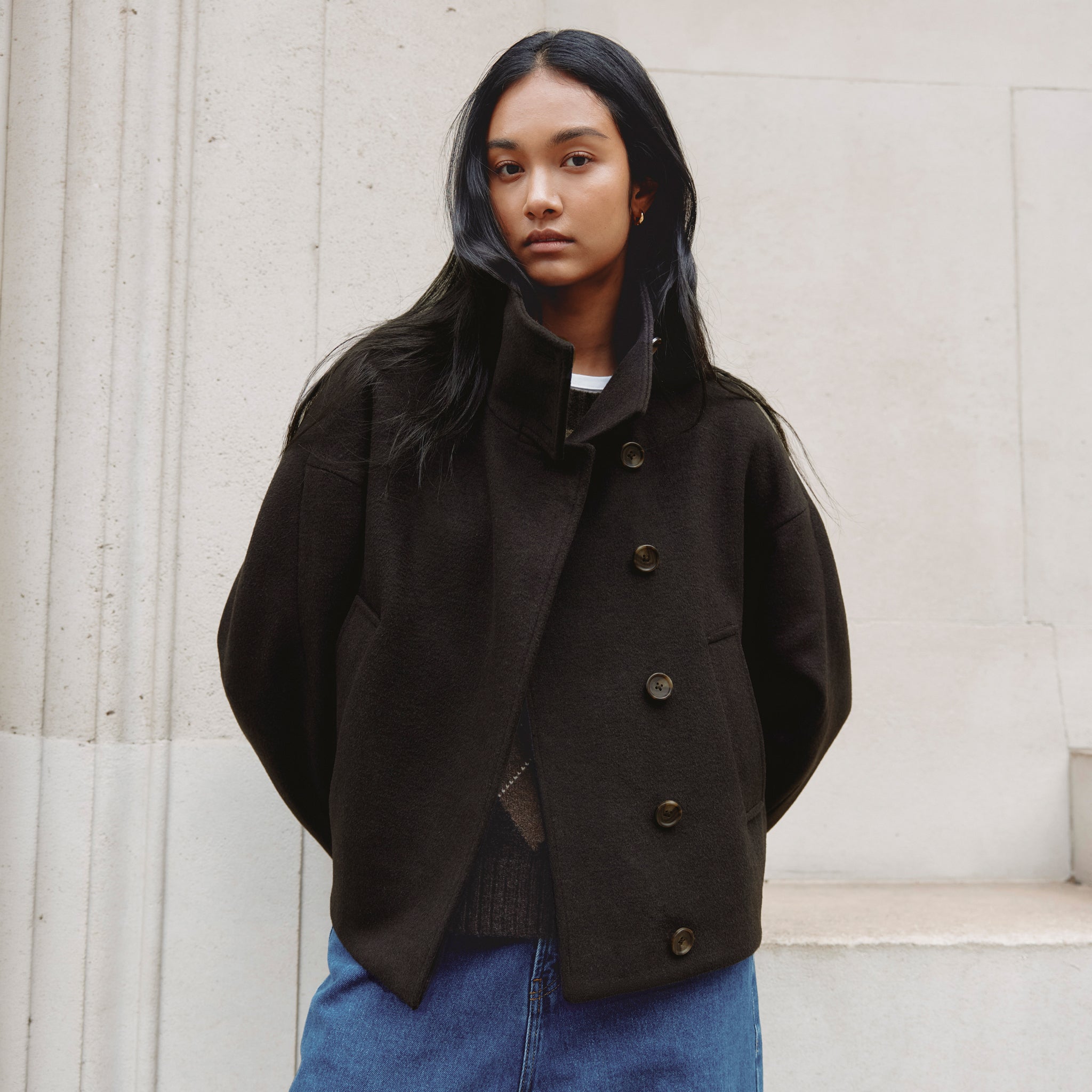 Wool Blend Chocolate Funnel Neck Jacket