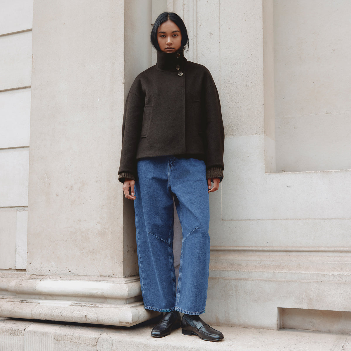 Wool Blend Chocolate Funnel Neck Jacket