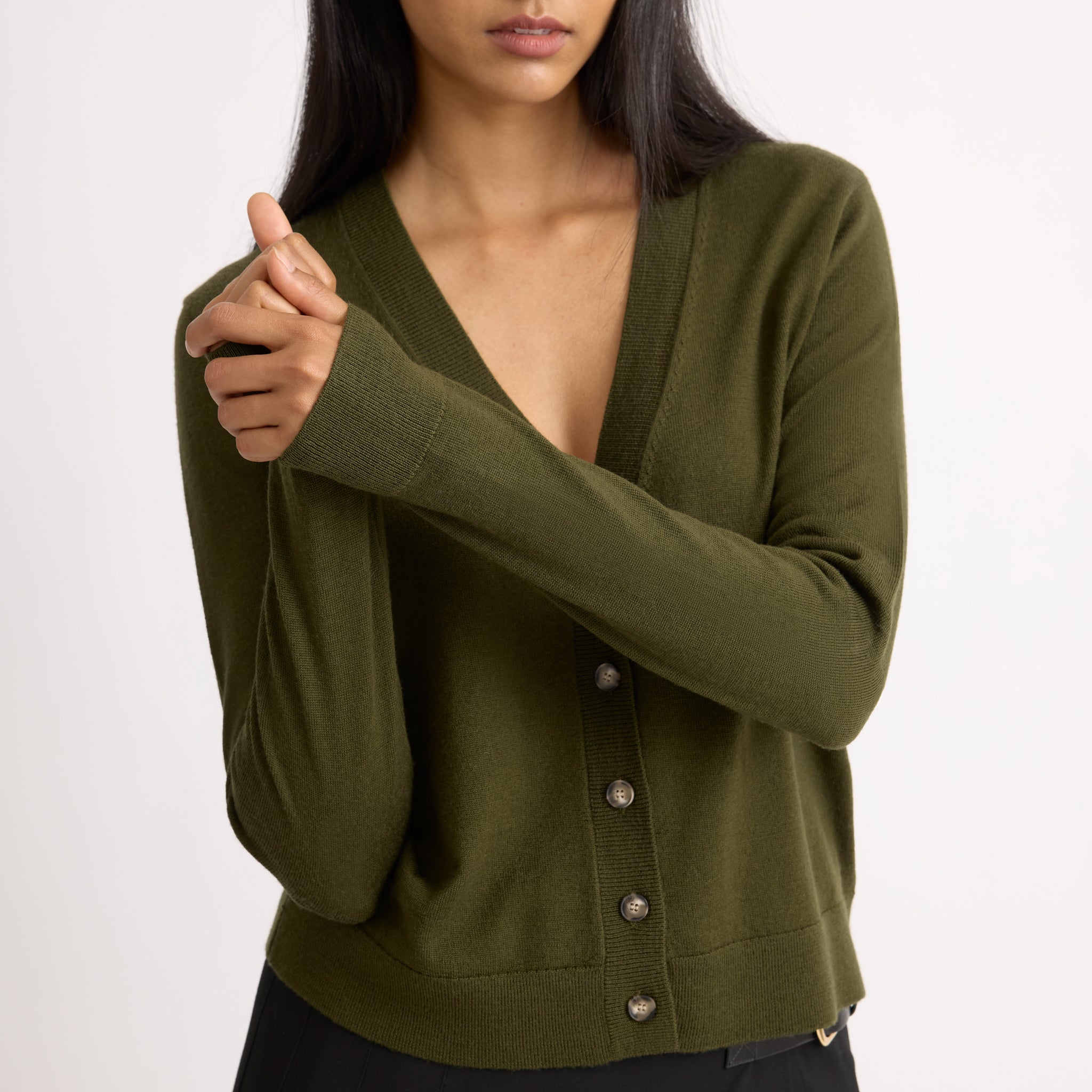 Olive Green Merino V Neck Cardigan