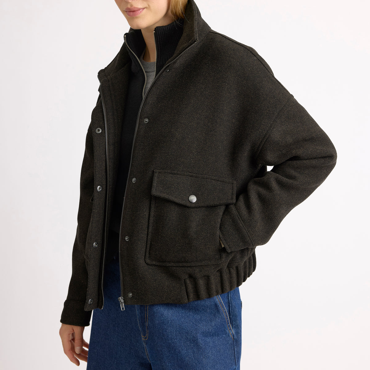 Funnel Neck Herringbone Jacket