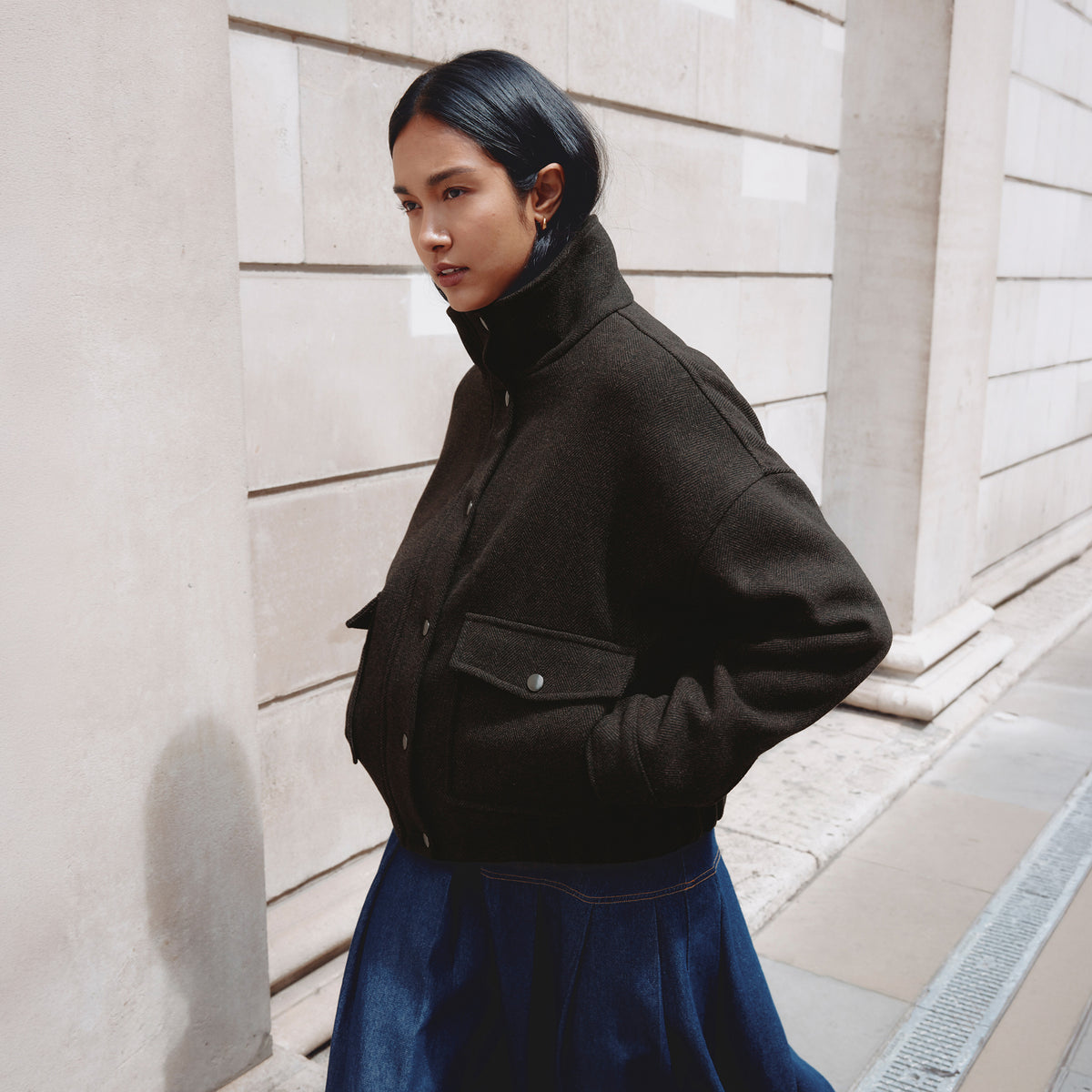Funnel Neck Herringbone Jacket