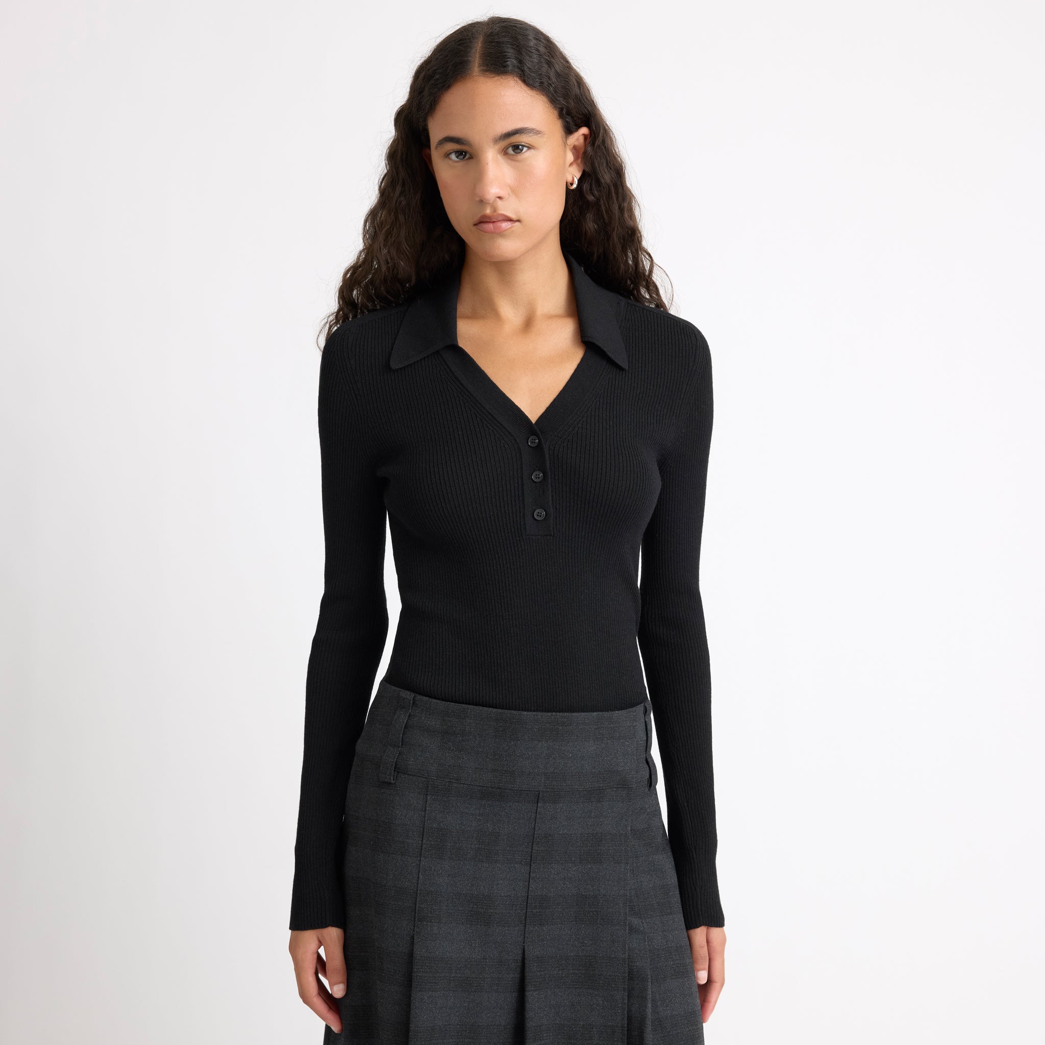 Black Rib V Neck Long Sleeve Top