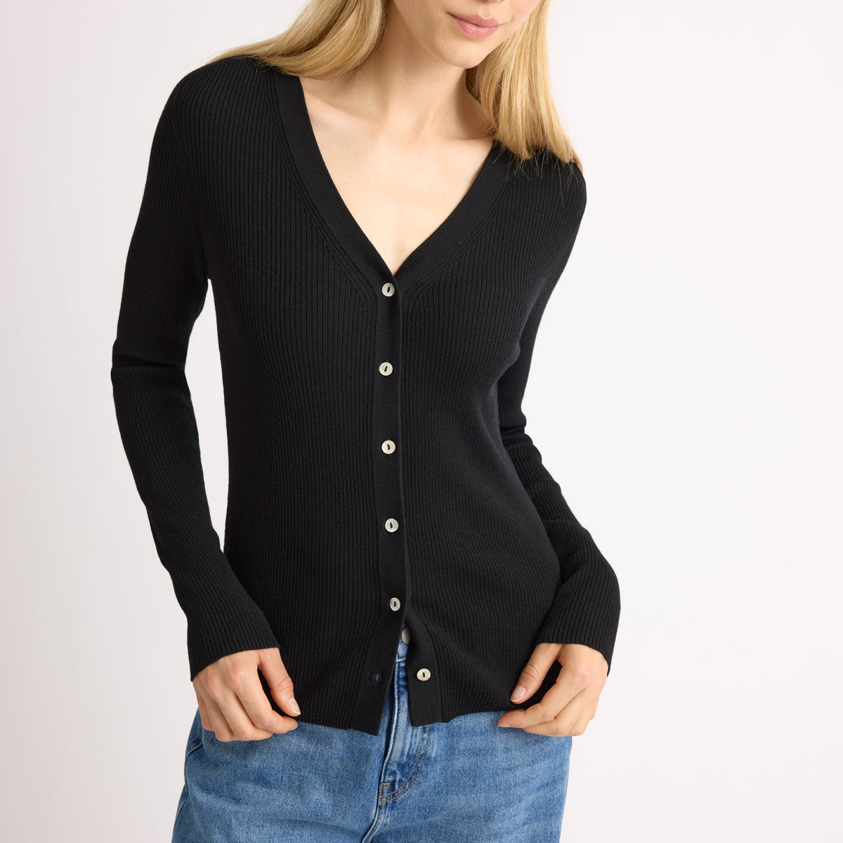 Black Rib V Neck Cardigan