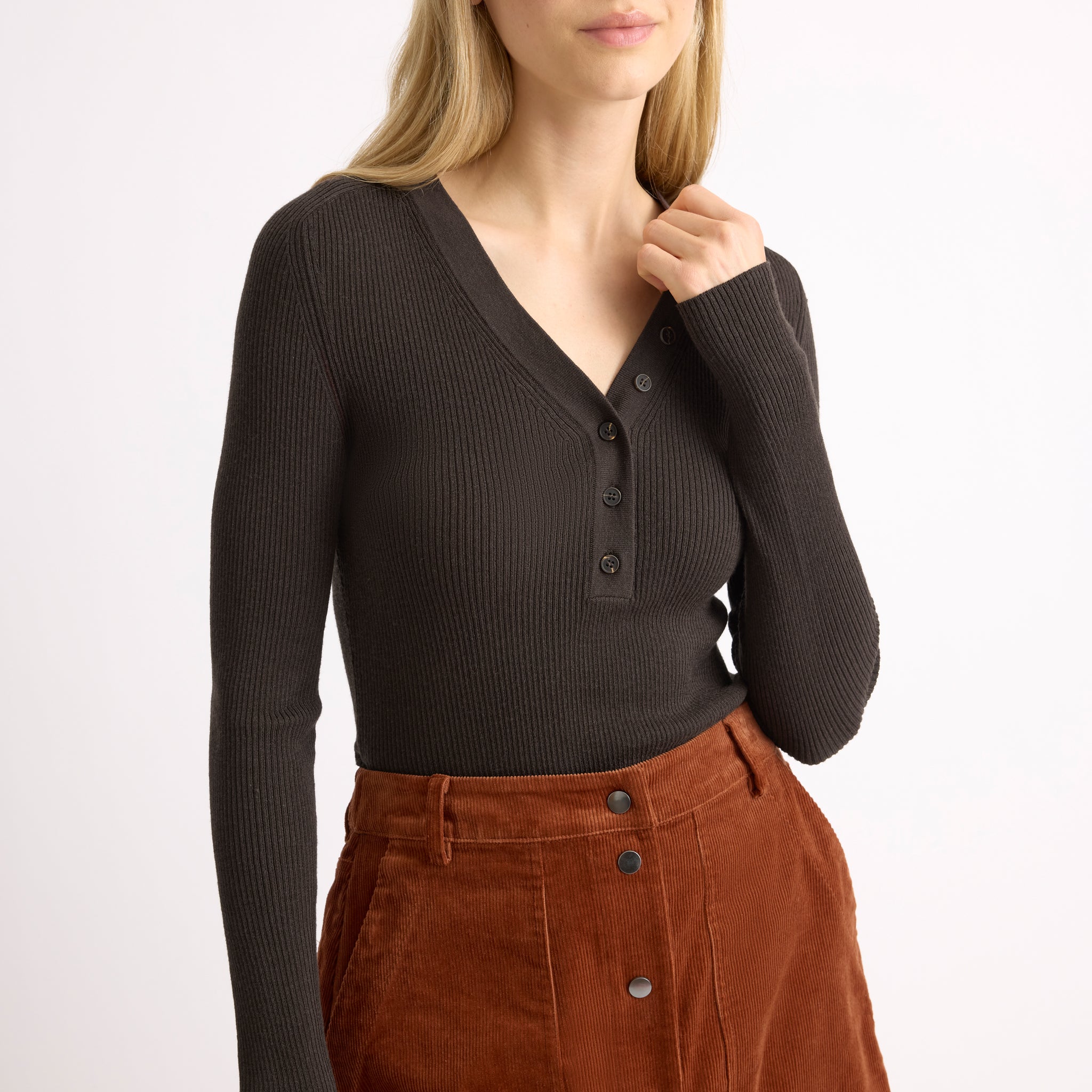 Chocolate Rib Button V Neck Long Sleeve Top
