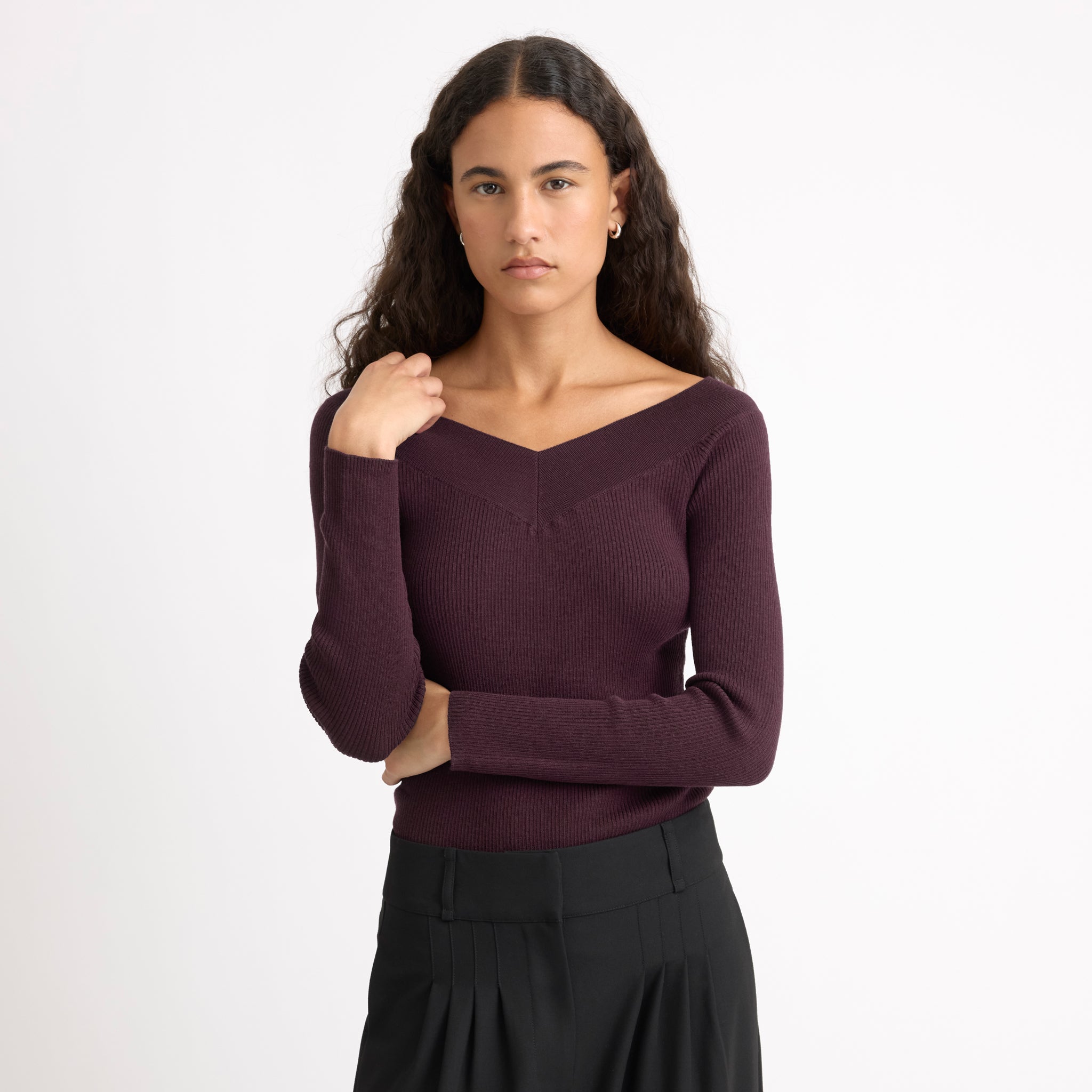 Burgundy Bardot Long Sleeve Rib Top