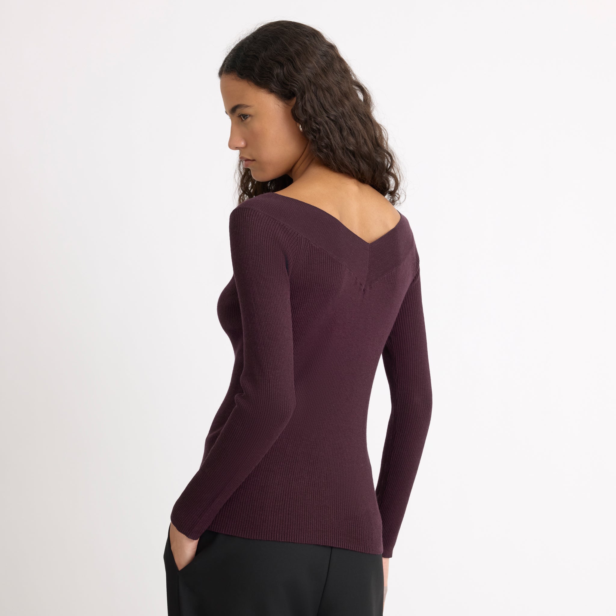 Burgundy Bardot Long Sleeve Rib Top