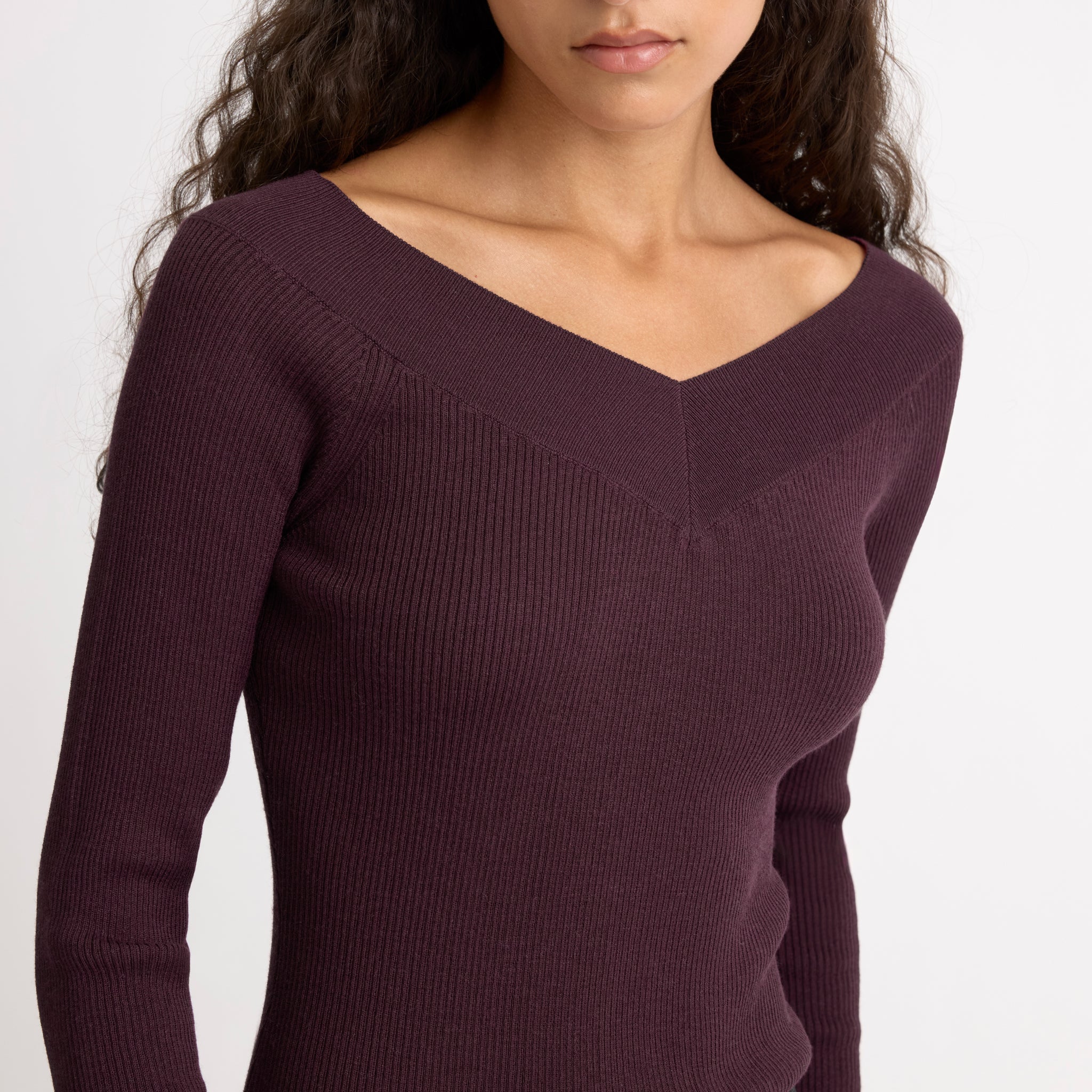 Burgundy Bardot Long Sleeve Rib Top