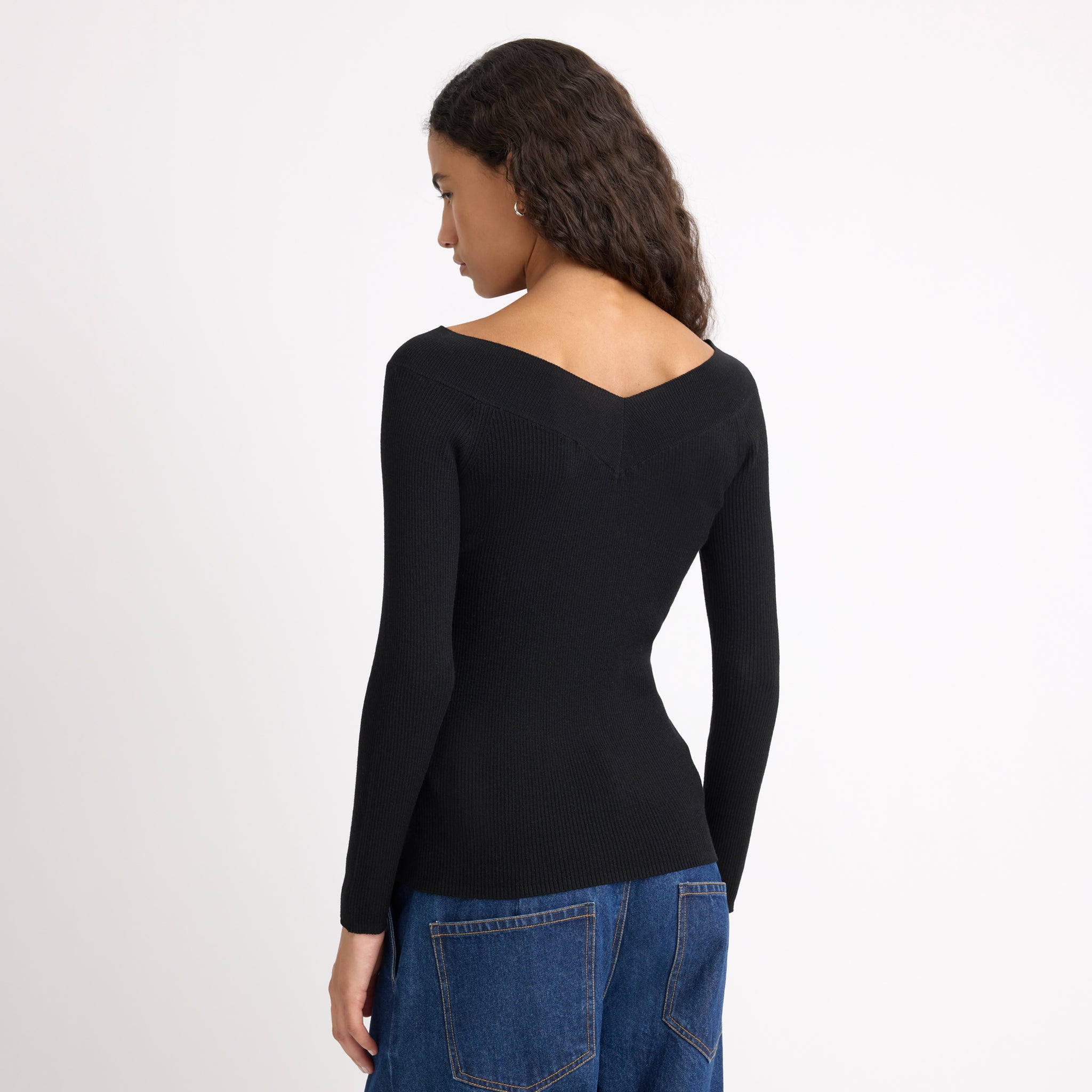 Black Bardot Long Sleeve Rib Top