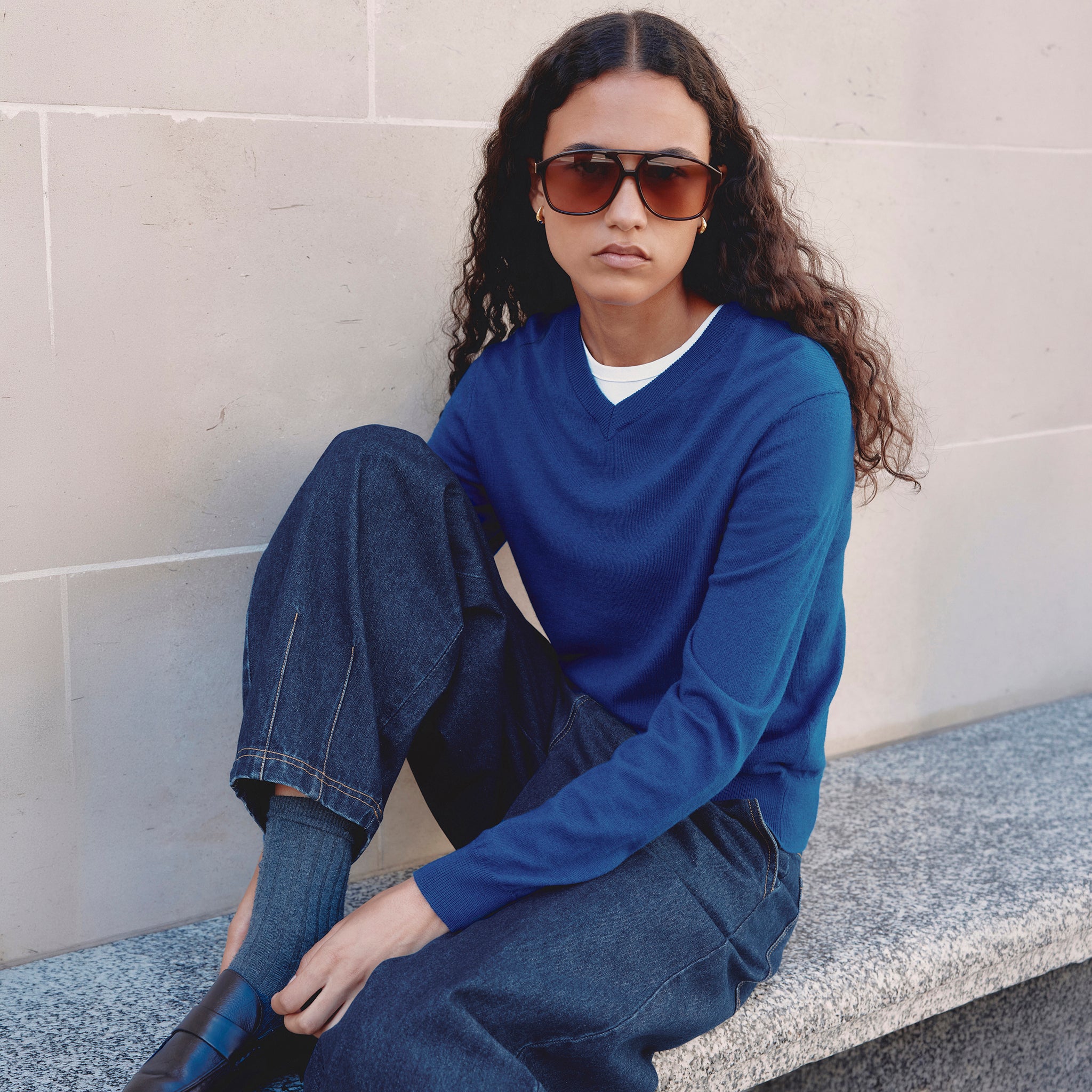 Cobalt Fine Knit V Neck Jumper