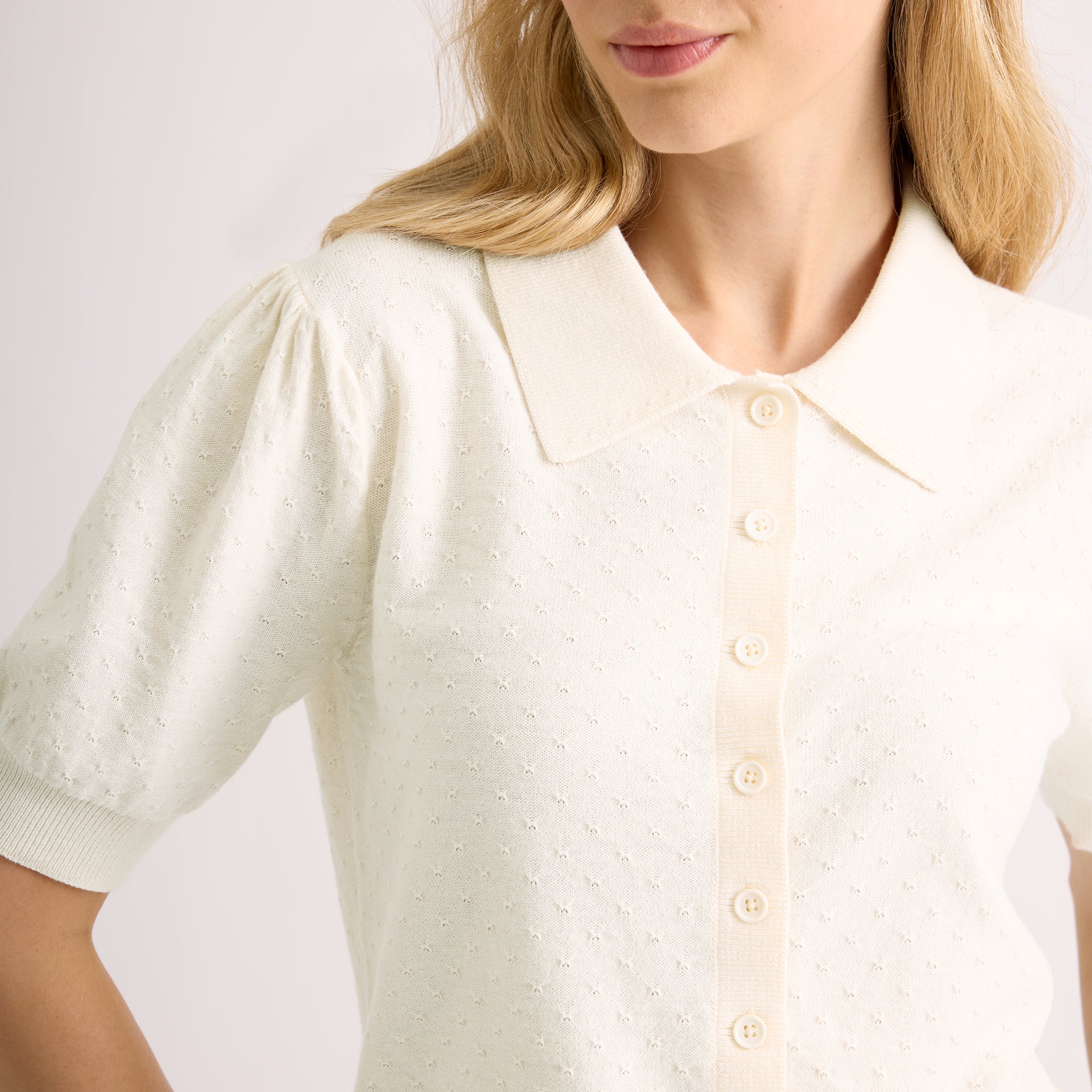 Short Sleeve Pointelle Button Top