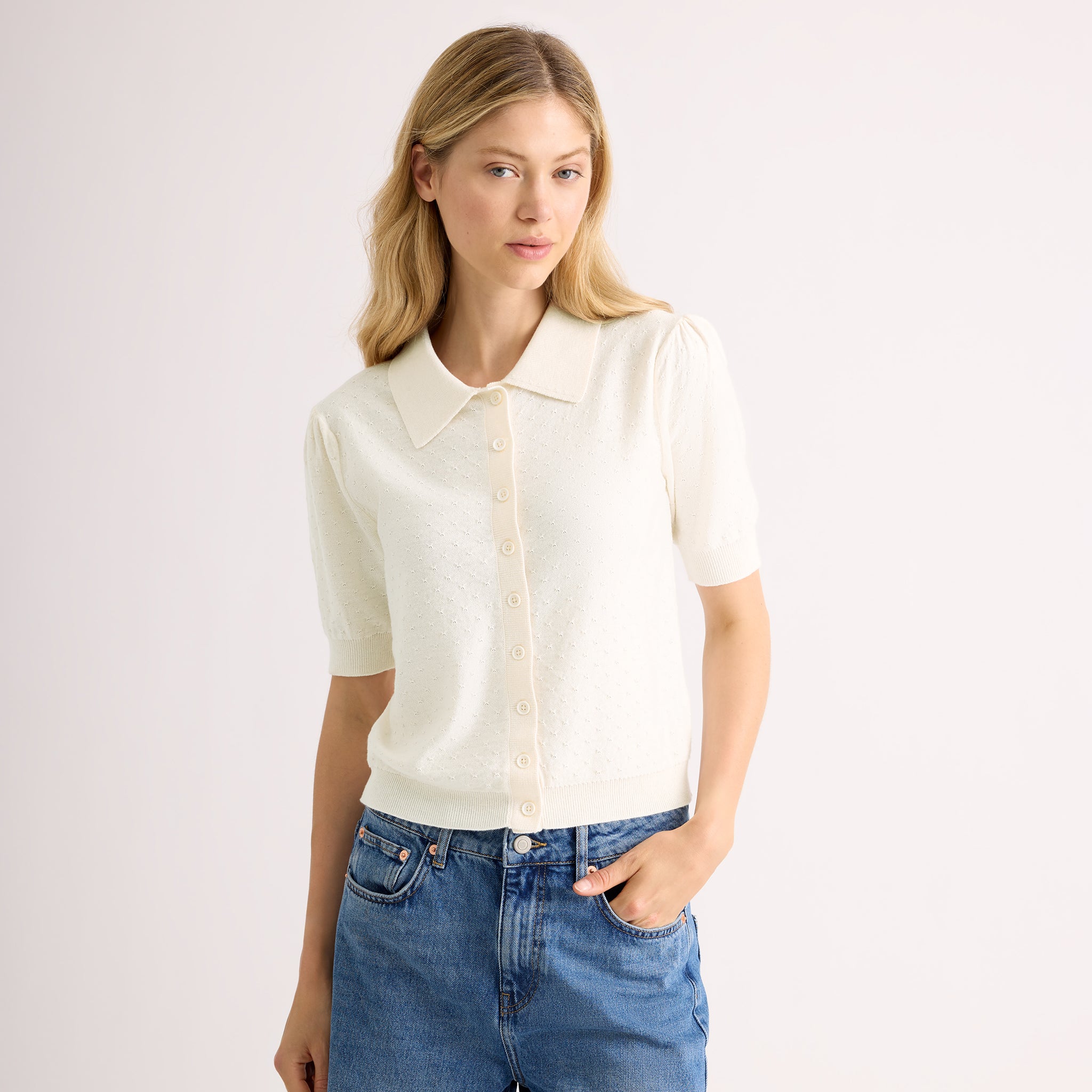 Short Sleeve Pointelle Button Top