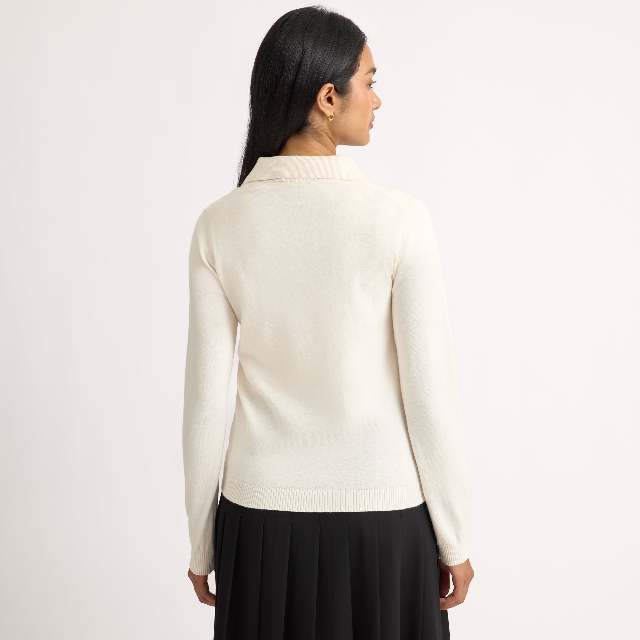Cream Fine Knit Long Sleeve Polo