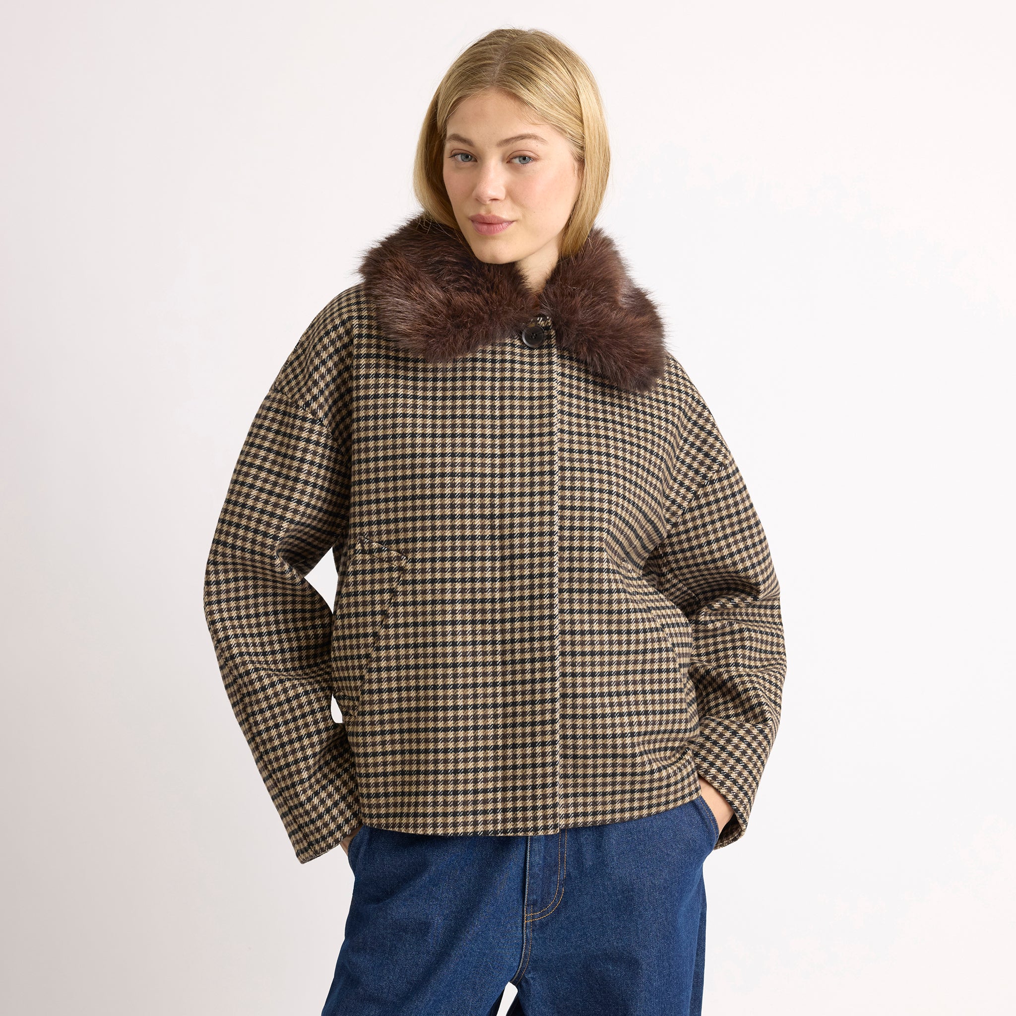 Check Fur Collar Jacket