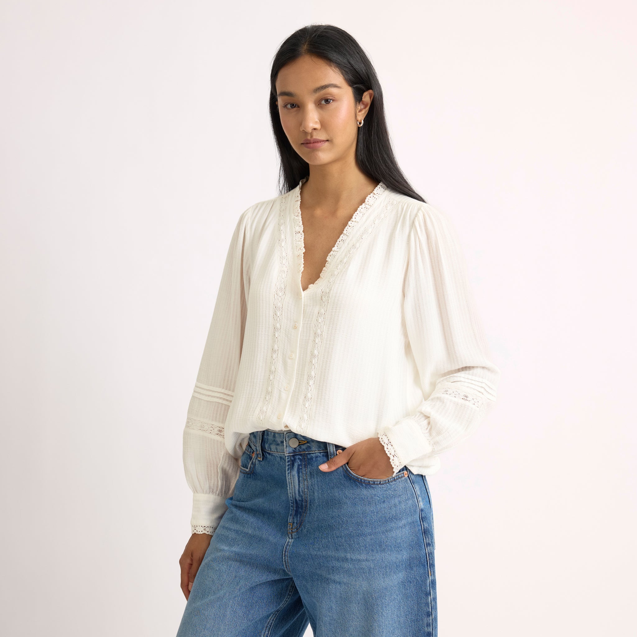 Cream Lace Trim V Neck Blouse