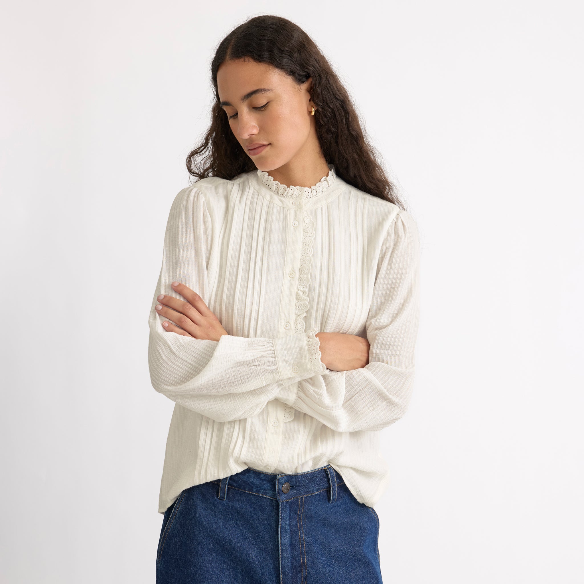 Cream Lace Edge High Neck Blouse