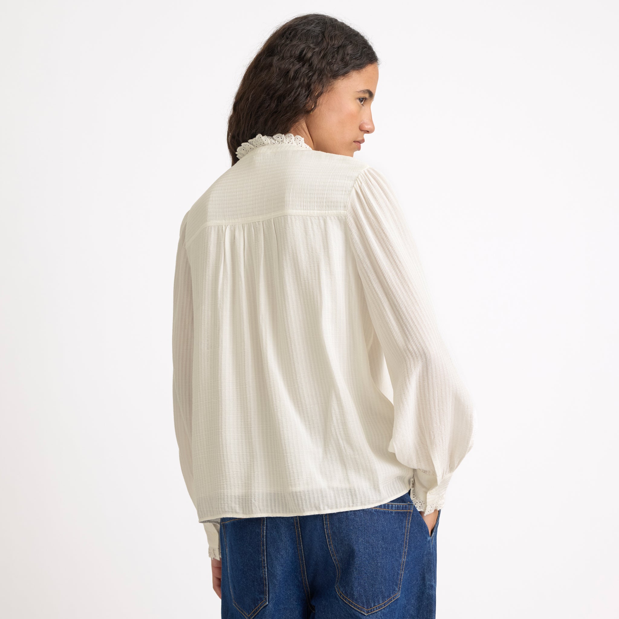 Cream Lace Edge High Neck Blouse