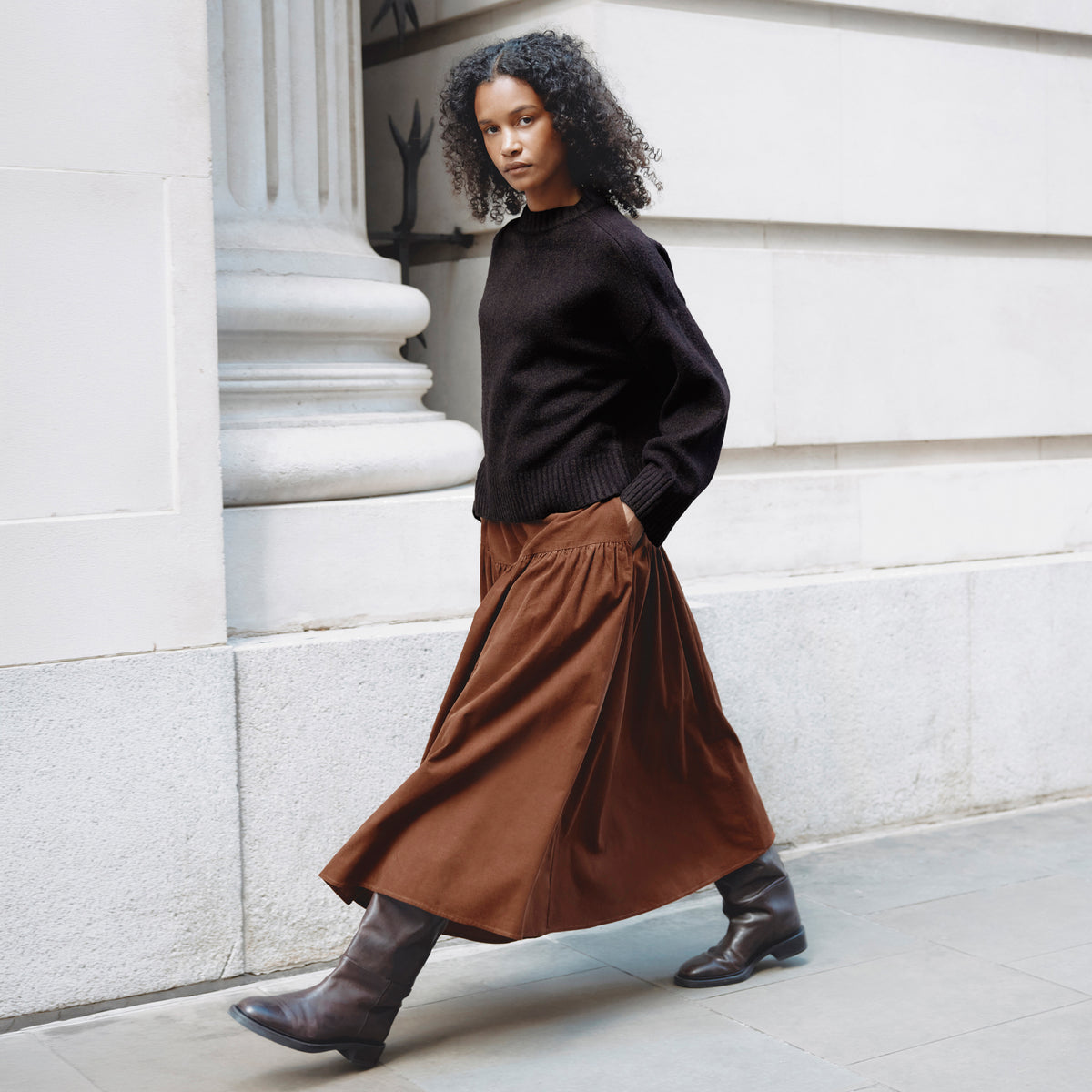 Baby Cord Drop Waist Midi Skirt