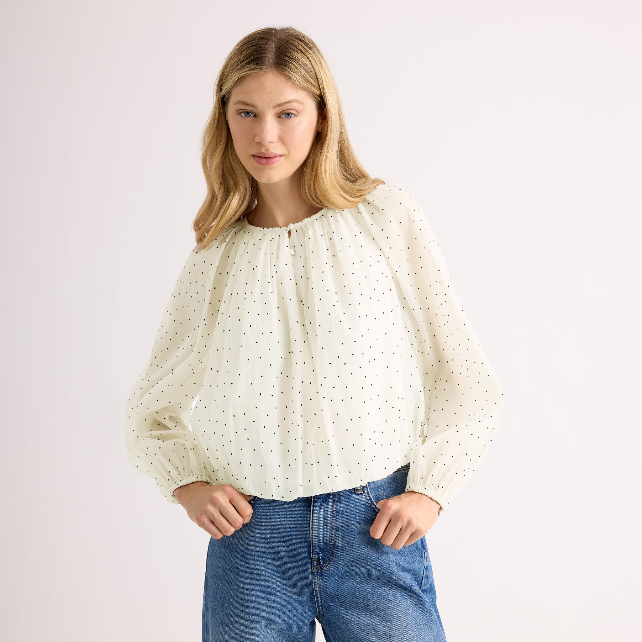 Cream Flocked Spot Bubble Hem Top