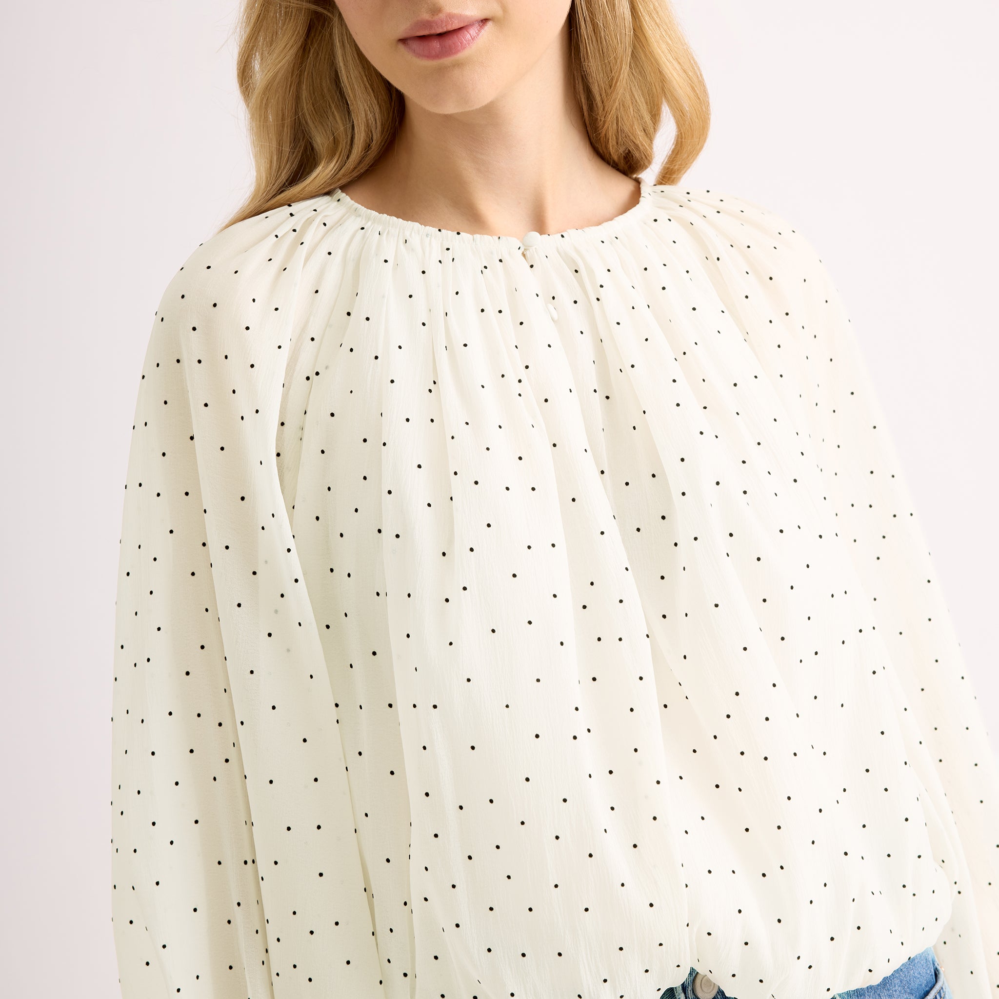Cream Flocked Spot Bubble Hem Top
